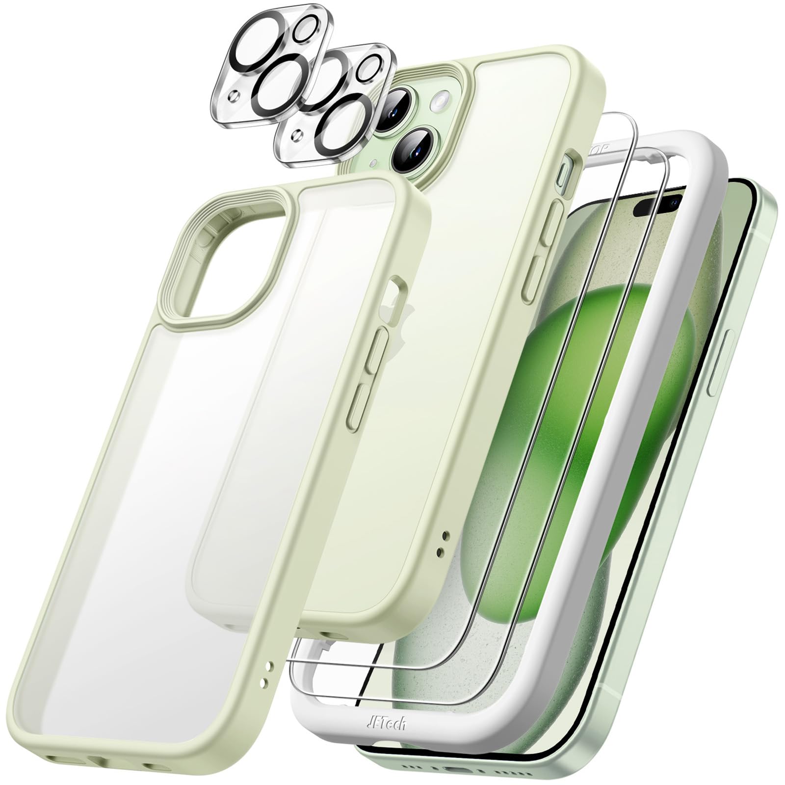 JETech 5-in-1 Matte Protective Case for iPhone 15 Plus 6.7-Inch | 2-Pack Tempered Glass Screen Protectors + Camera Lens Protector | Shockproof Translucent Back Cover (Green) - Perfect for Everyday Use, Travel & Outdoor Activities