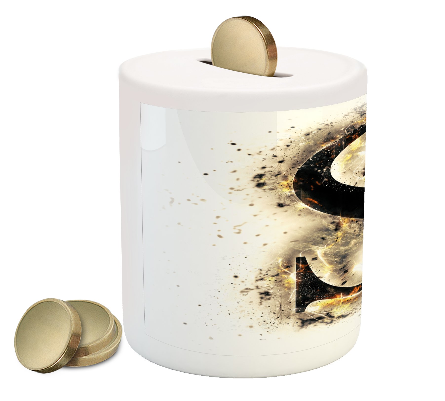 Ambesonne Ceramic Piggy Bank with Letter S Design - Uppercase Typography in Fiery Hot Charred Orange, Black & Tan - 3.6