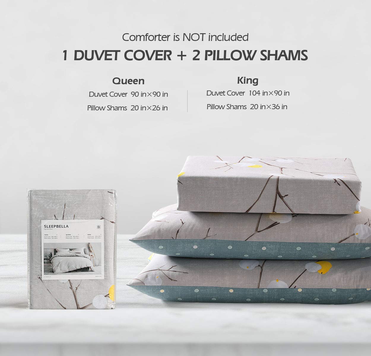 SleepBella King Size Duvet Cover - 600 Thread Count 100% Cotton Grey Branch with Yellow Turquoise Polka Dot Pattern, Reversible Comforter Cover (King, Grey Branches) for Bedroom Decor & Guest Room Styling