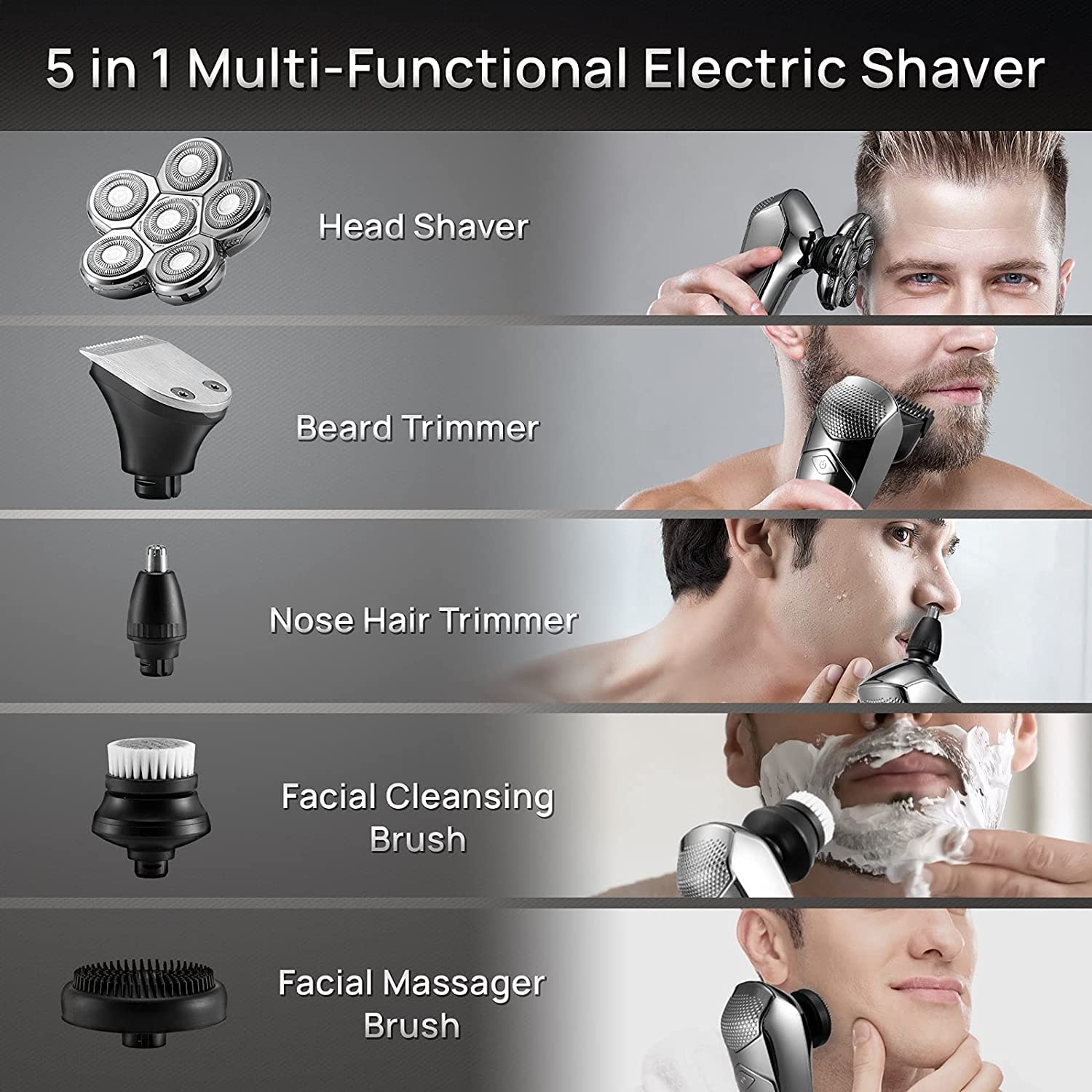 6-in-1 Rechargeable Electric Razor for Men - Wet/Dry Beard Trimmer, Body Groomer & Bald Head Shaver | Professional Grooming Kit for Facial Hair, Body Hair & Head Shaving | Perfect for Home, Travel & Gym Use