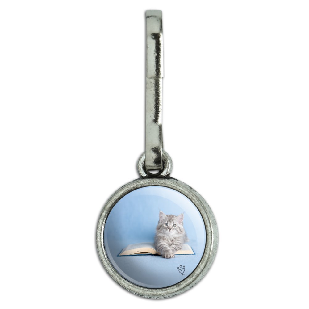 Antique Siberian Tabby Kitten Cat Charm - Vintage Book Reading Design for Clothes, Purses, Suitcases & Backpacks | Perfect Zipper Pull Accessory for Cat Lovers & Bookworms