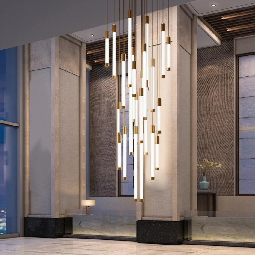 Modern Gold Tube LED Staircase Chandelier - Elegant Lighting Fixture for Hallway, Foyer & Stairwell Decor | Dimmable LED Chandelier for Home & Hotel Lighting