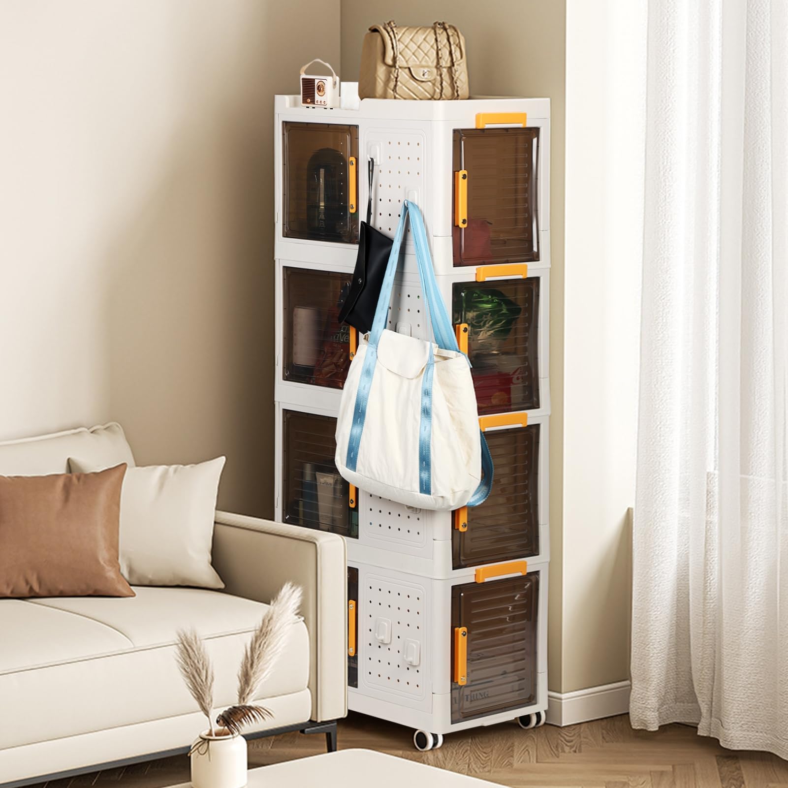 Foldable Storage Bins with Lids - 4-Layer Stackable Collapsible Organizer Box, Wheeled Storage Cabinet & Clear Plastic Closet Organizer for Bedroom, Living Room, Office, Dorm - Perfect for Clothes, Toys, Books & Home Organization