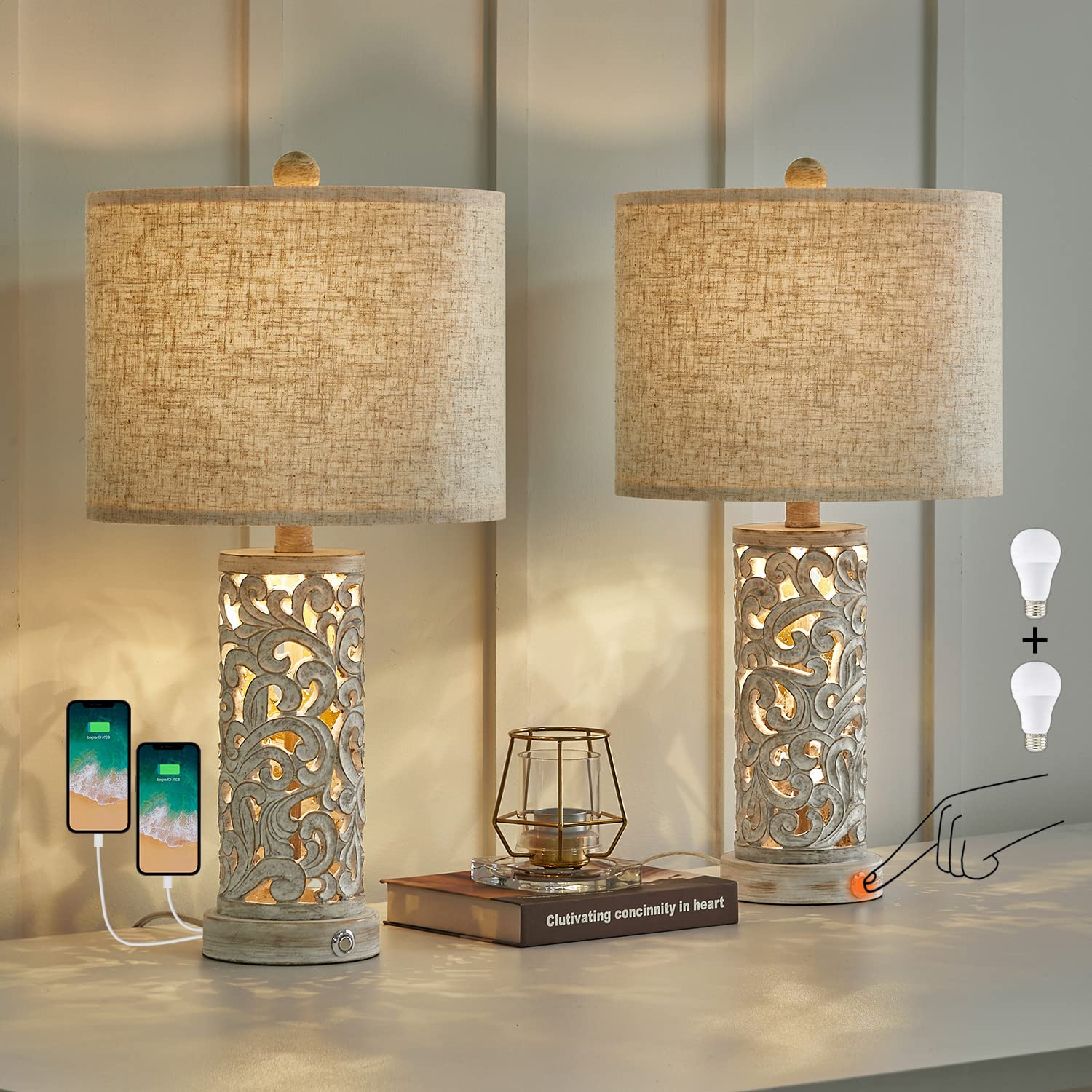 OYEARS 3-Way Dimmable 22'' USB A+C Touch Control Table Lamp Set of 2 with Nightlight - Modern Farmhouse Bedside Lamps for Living Room, Bedroom, Nightstand (Bulb Included) | Perfect for Reading, Working & Creating Cozy Atmosphere