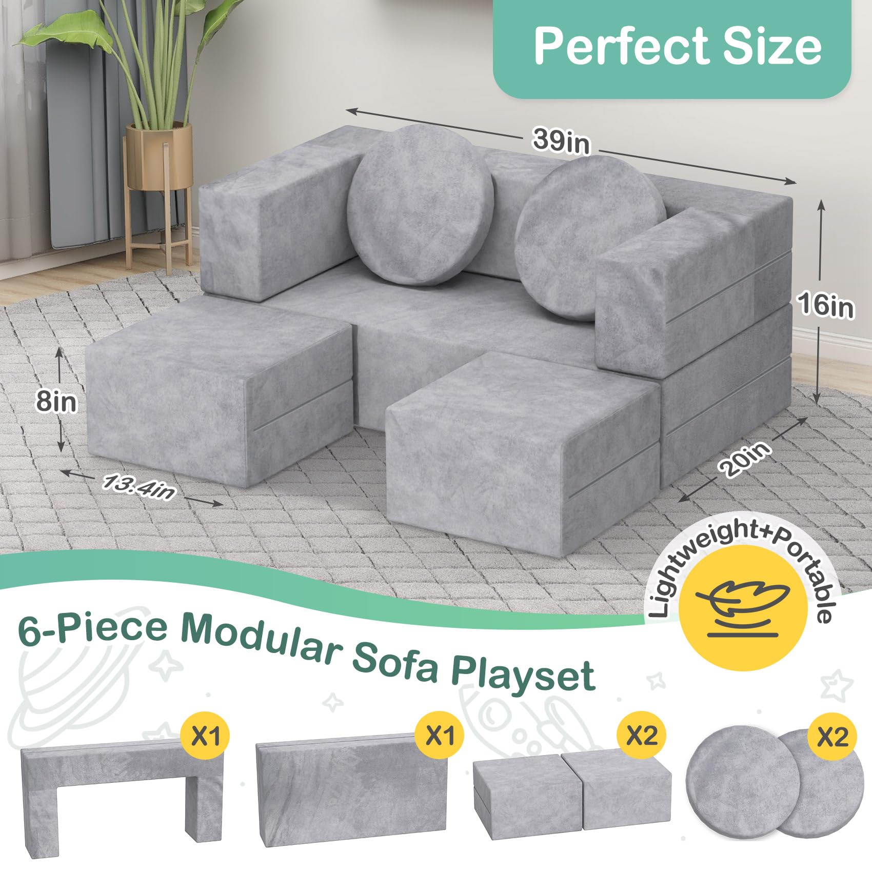 BIERUM Kids Play Couch - 6PCS Modular Sofa Set with Soft Blanket, Convertible Toddler Couch for Boys & Girls - Perfect for Playroom, Nursery, Daycare & Indoor Playtime - Durable Kids Furniture for Reading, Napping & Creative Play