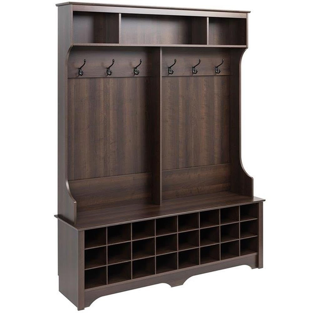 Prepac Brown Hall Tree Entryway Storage Cabinet - 24 Shoe Cubbies & 6 Double Coat Hooks - 15.5