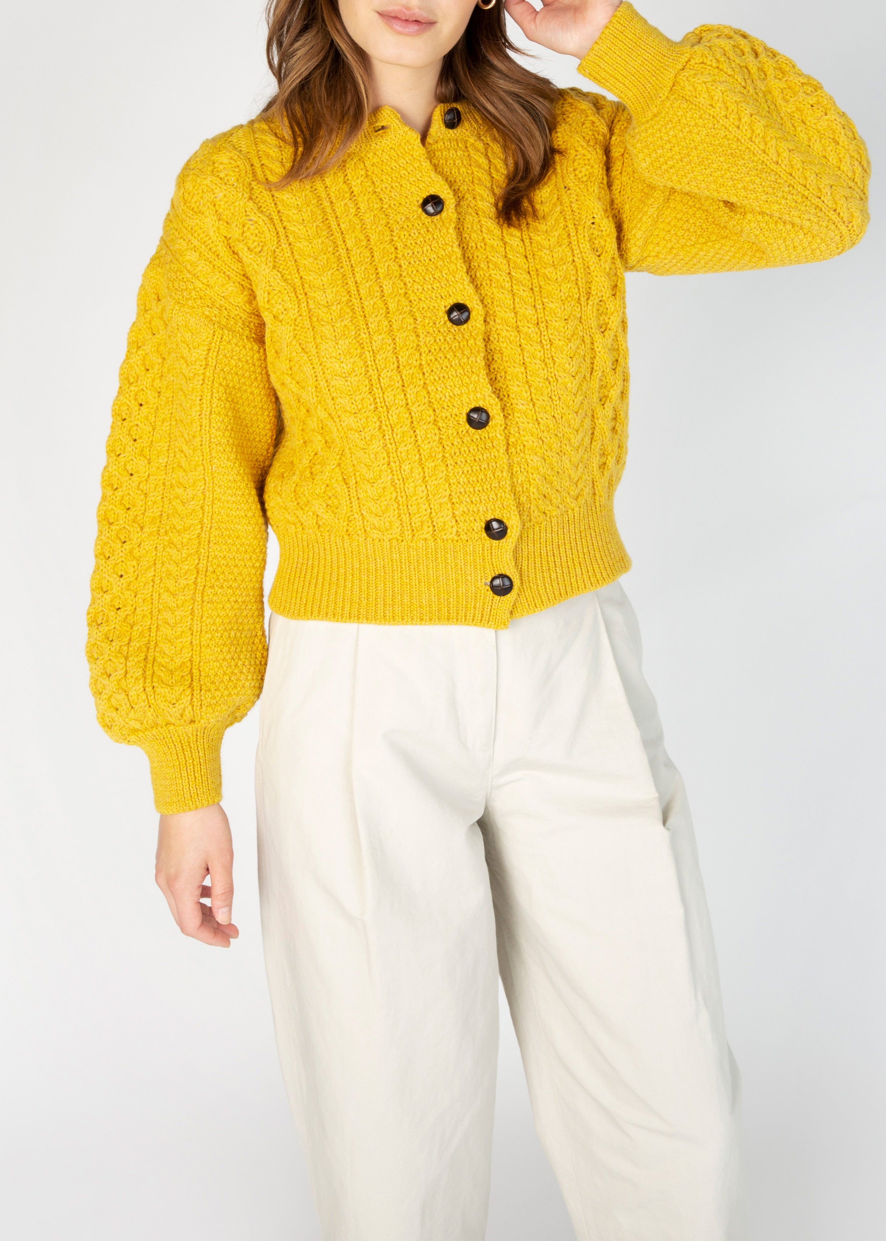 Ireland's Eye Cropped Aran Cardigan for Women - Soft Wool Knit Sweater with Sunflower Embroidery | Cozy Fall & Winter Layering, Casual Outfits, Office Wear