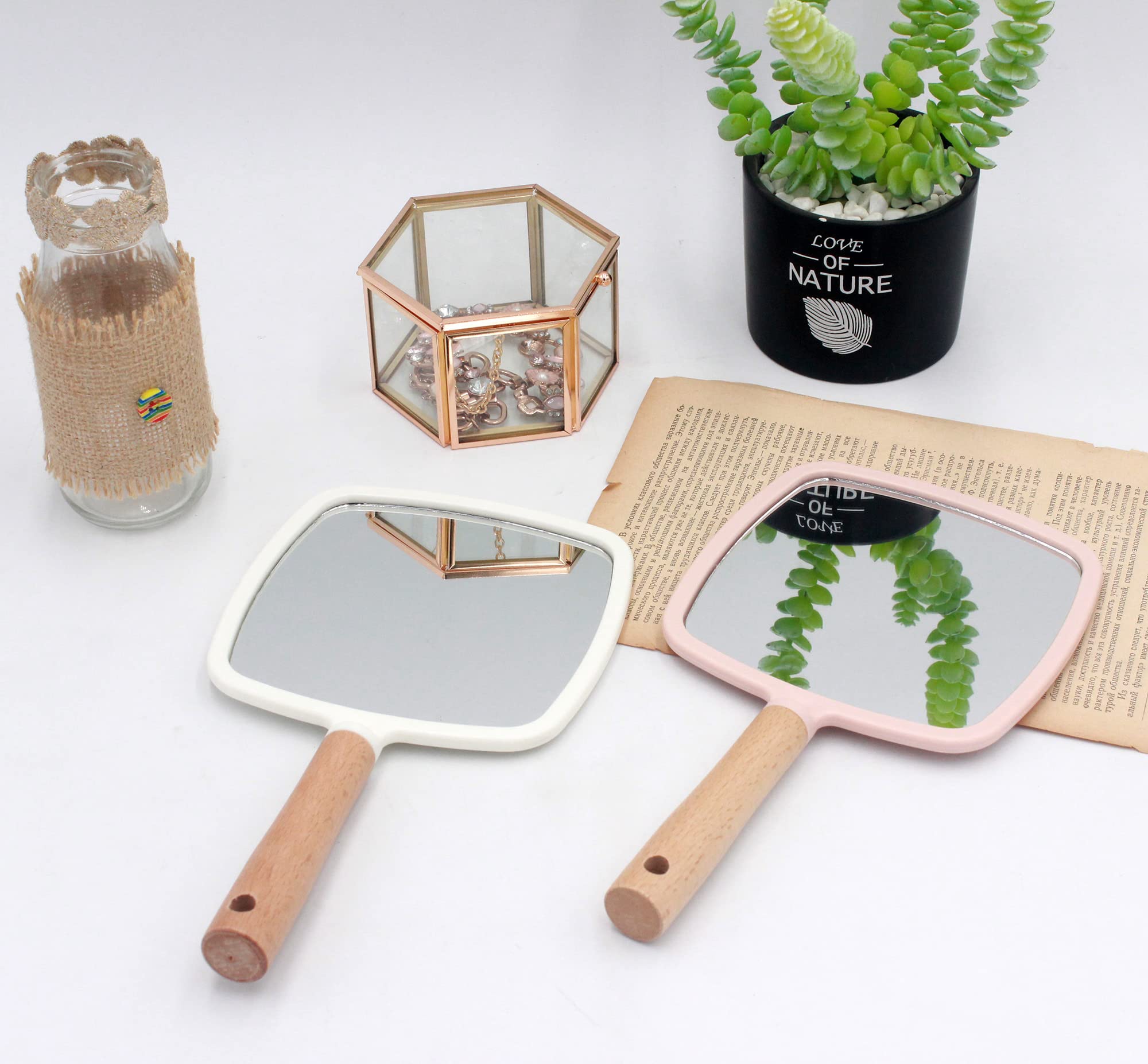 Eaoundm Handheld Makeup Mirror - Small Wooden Travel Vanity Mirror for Men & Women (5.5