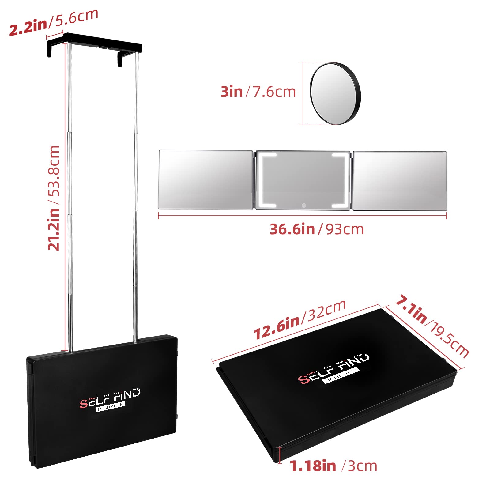 360° Rechargeable LED Ring Light Mirror for Self Hair Cutting - Adjustable Height & Brightness, 3-Way Viewing for Salon-Quality Styling at Home