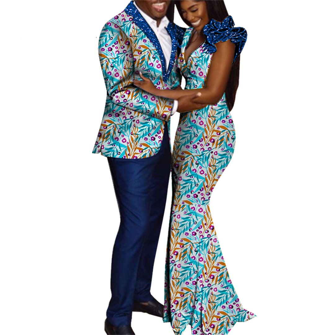 African Dashiki Couple Outfits for Lovers - Matching African Print Tops & Pants + Women's Dress Set - XXL Size 9 - Perfect for Valentine's Day, Anniversary Gifts & Cultural Celebrations