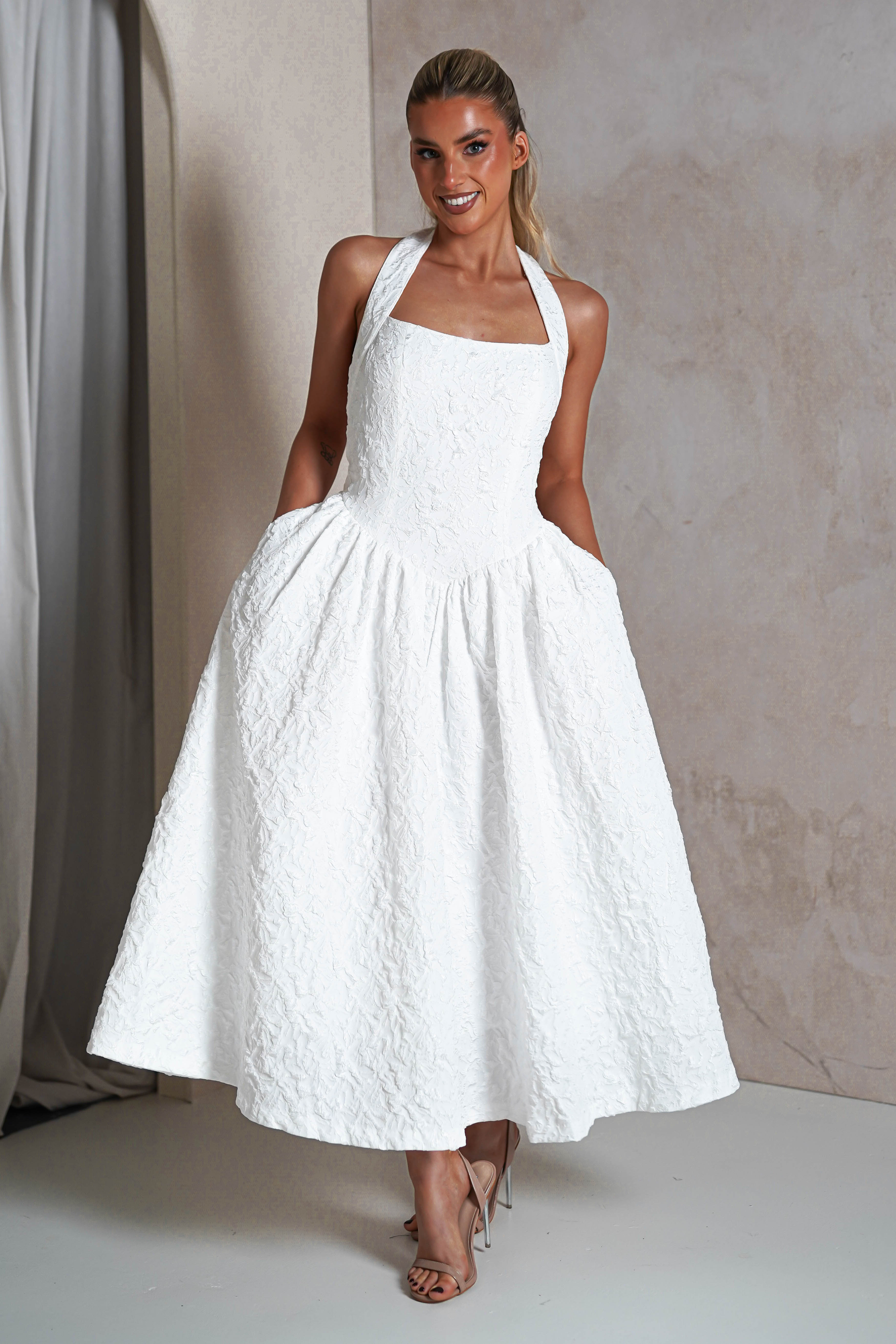 Margot Textured Midaxi Dress for Women - Elegant White Flowy Maxi Dress | Perfect for Weddings, Parties & Summer Vacations