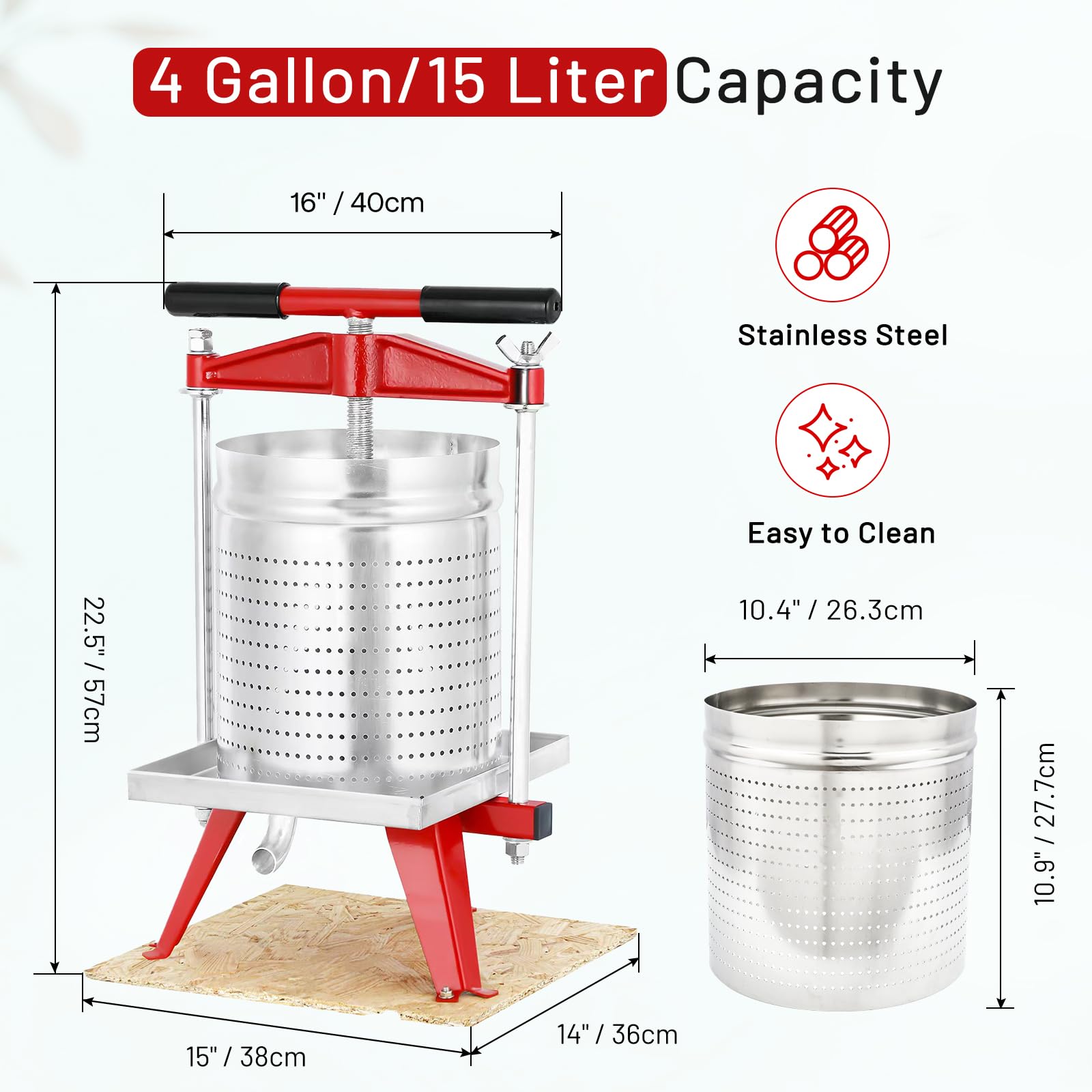 4 Gallon (15L) Mosakar Stainless Steel Fruit Press for Apples, Grapes & Berries - AISI 304 Food-Grade Juice Extractor - Perfect for Homemade Cider, Wine & Cheese Making - Ideal for Home Brewing & Farmhouse Use