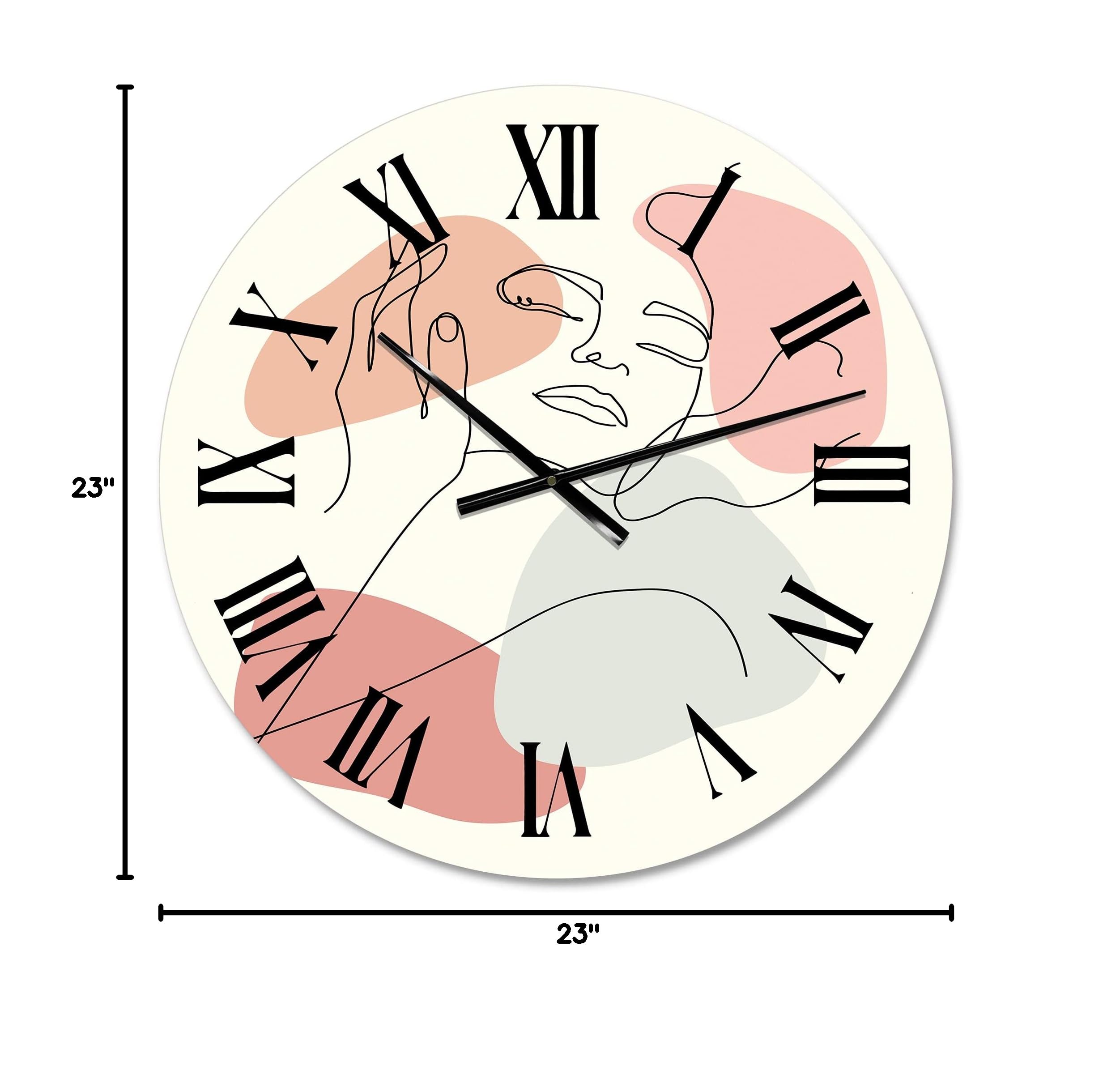 DesignQ Modern Large Wall Clock - Abstract Continuous Line Portrait of Woman, Fractal Art Decor for Bedroom, Living Room & Office | Silent Non-Ticking Home Decor