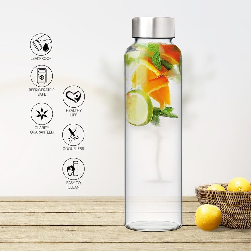 TRU'S 750ml Borosilicate Glass Bottle - Durable, Chemical Resistant, Transparent Water Bottle for Hot & Cold Drinks - Airtight Leakproof Seal - Ideal for Home, Office, Travel, Gym, Yoga & Sports - Eco-Friendly Reusable Drinkware