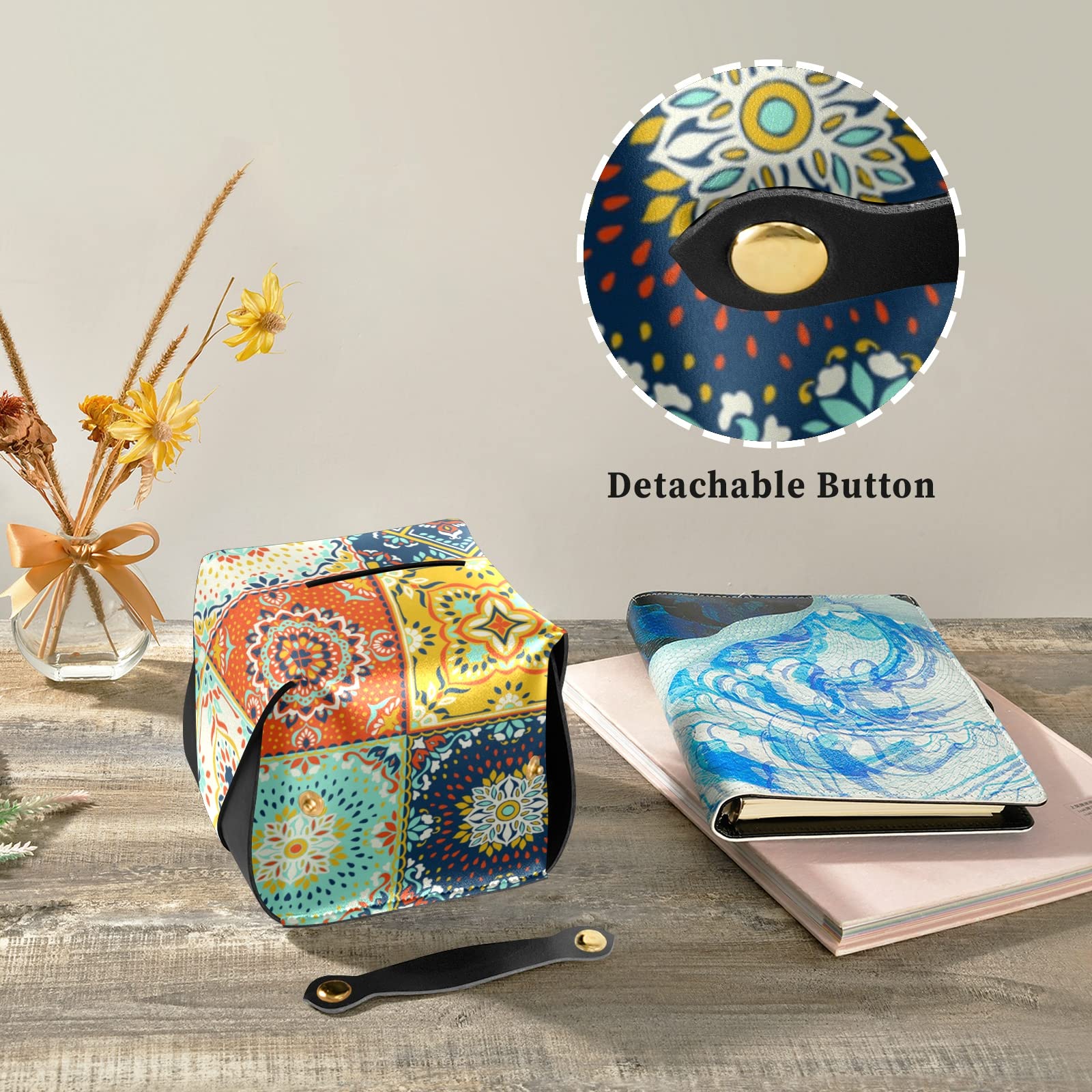 Handcrafted Talavera Indian Ceramic Mosaic Tile Leather Tissue Box Cover - 9.4x5.1x3.6 Inches - Ethnic Rectangle Design with Handle for Bathroom, Home, Office & Car | Perfect for Nightstands, Vanity Countertops & Desks