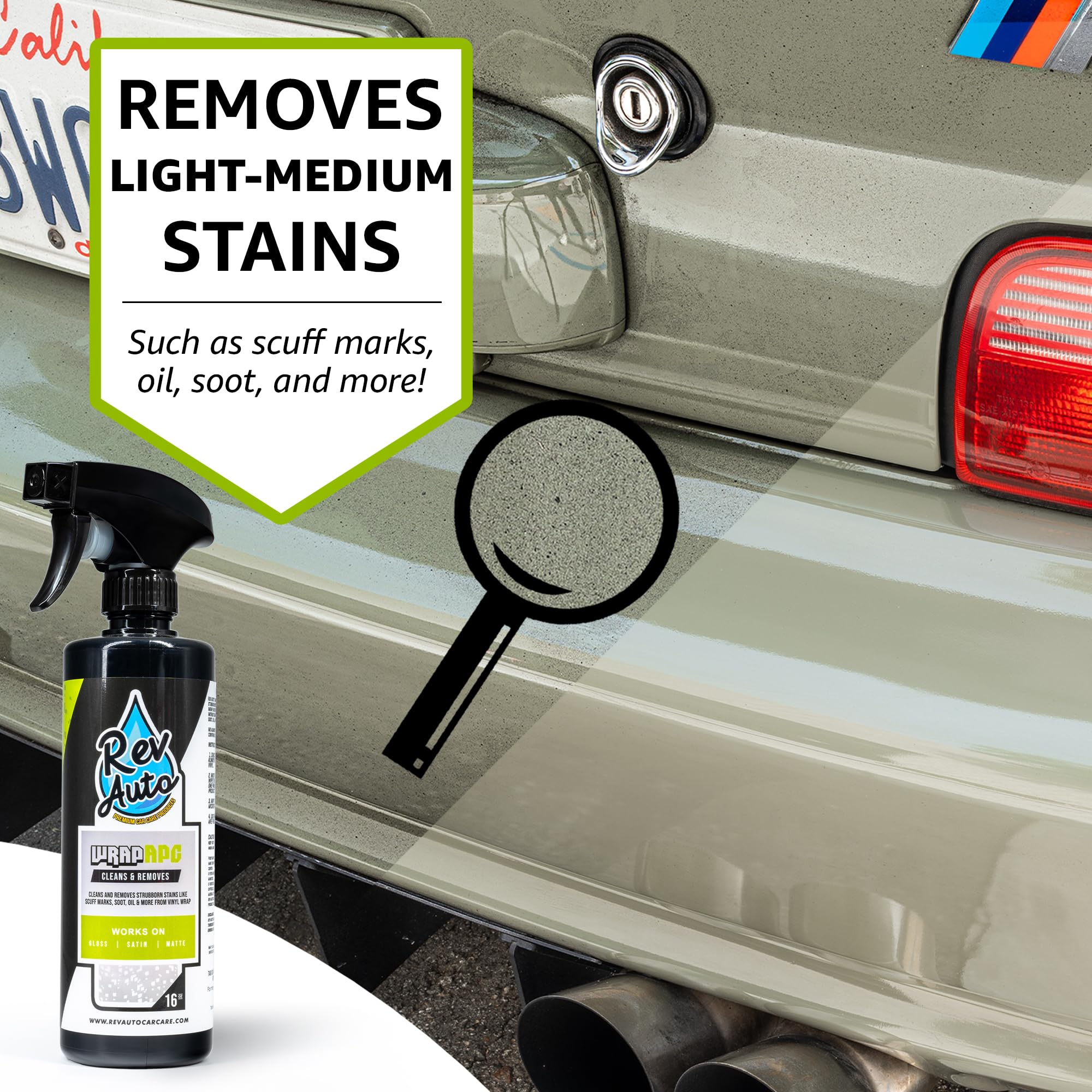 Rev Auto Wrap APC - Car Wrap Stain Remover for Scuff Marks, Soot, Oil & Stains | Safe for All Vinyl Wraps | 16 Fl Oz | Perfect for Detailing, Auto Shops & DIY Car Care