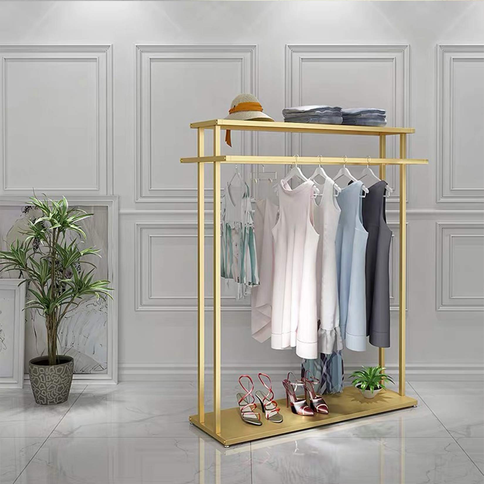 Commercial Grade Nakajima Rolling Garment Rack with Wheels - Heavy Duty Double Hanging Rods & Shelves for Clothing Stores (Gold Metal Frame, 47.2