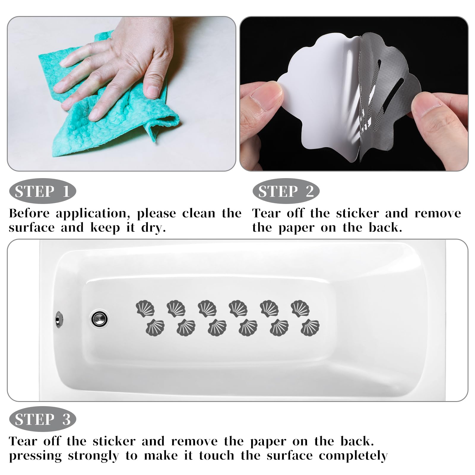 12 Pack Non-Slip Shower Stickers - Anti-Skid Bath Tub Safety Decals for Adults, Kids & Elderly - Shell Shaped Adhesive Treads for Showers, Bathtubs, Stairs, Ladders & Boats (Grey) - Prevent Slips & Falls in Wet Areas
