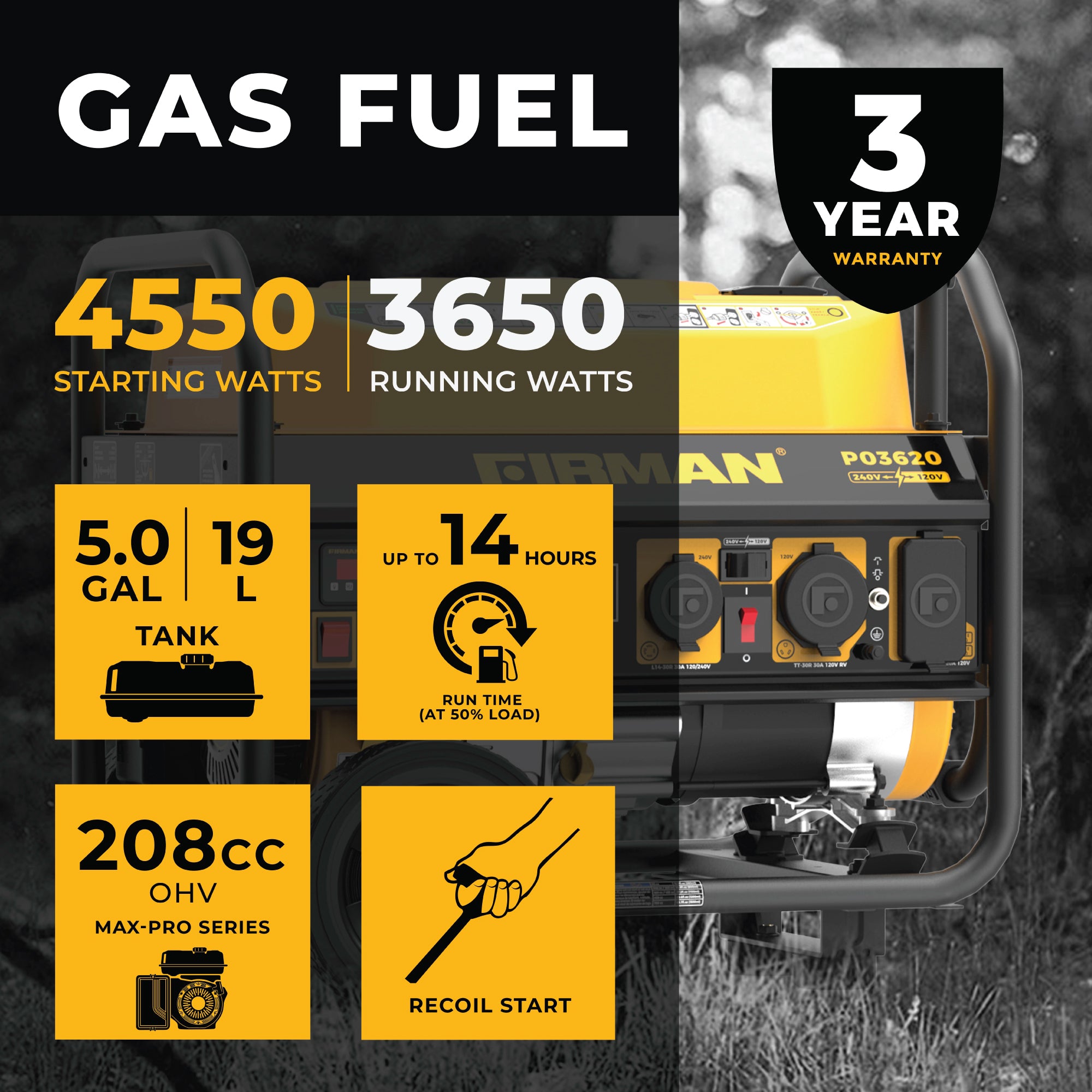 4550W Portable Gas Generator with Recoil Start - Dual Voltage 120V/240V - Ideal for Camping, Home Backup & Outdoor Power Needs