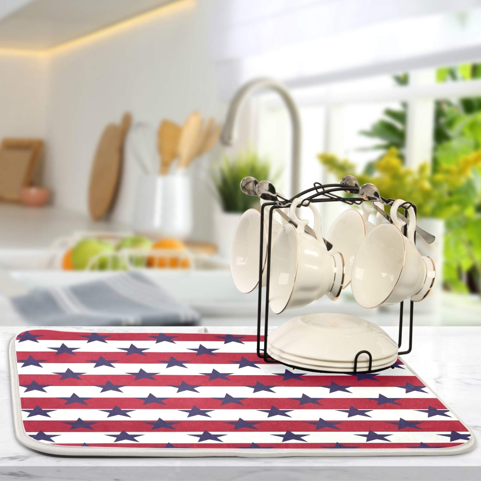 USA Patriotic Star Navy 4th of July Dish Drying Mat - 16x18 Inch Absorbent Kitchen Counter Protector, Memorial Day & Independence Day Stripe Dish Drainer Pad - Perfect for Holiday Kitchen Decor and Party Table Setting