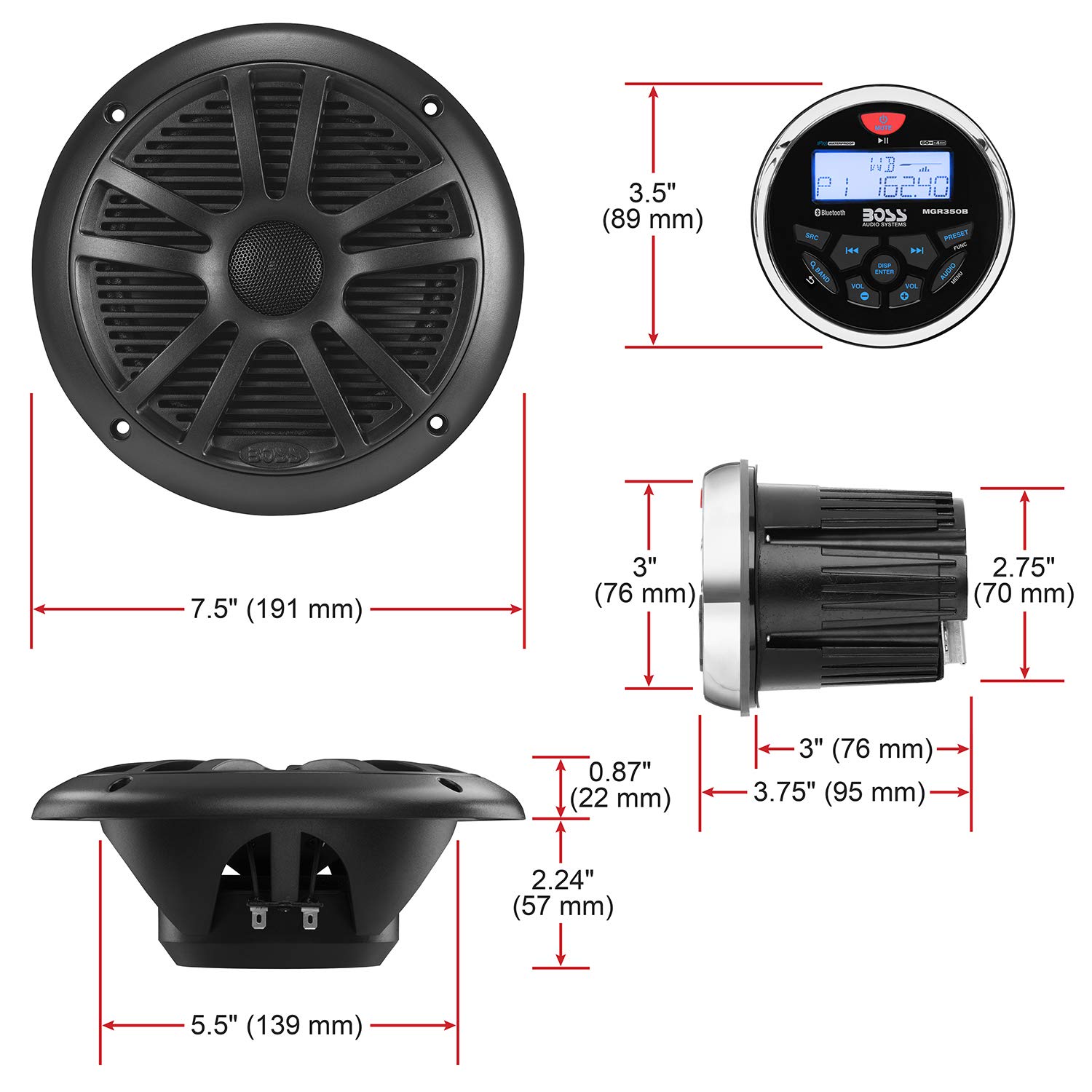 BOSS Audio Systems MCKGB350B.6 Marine Bluetooth Stereo System - IPX6 Waterproof Receiver with 6.5