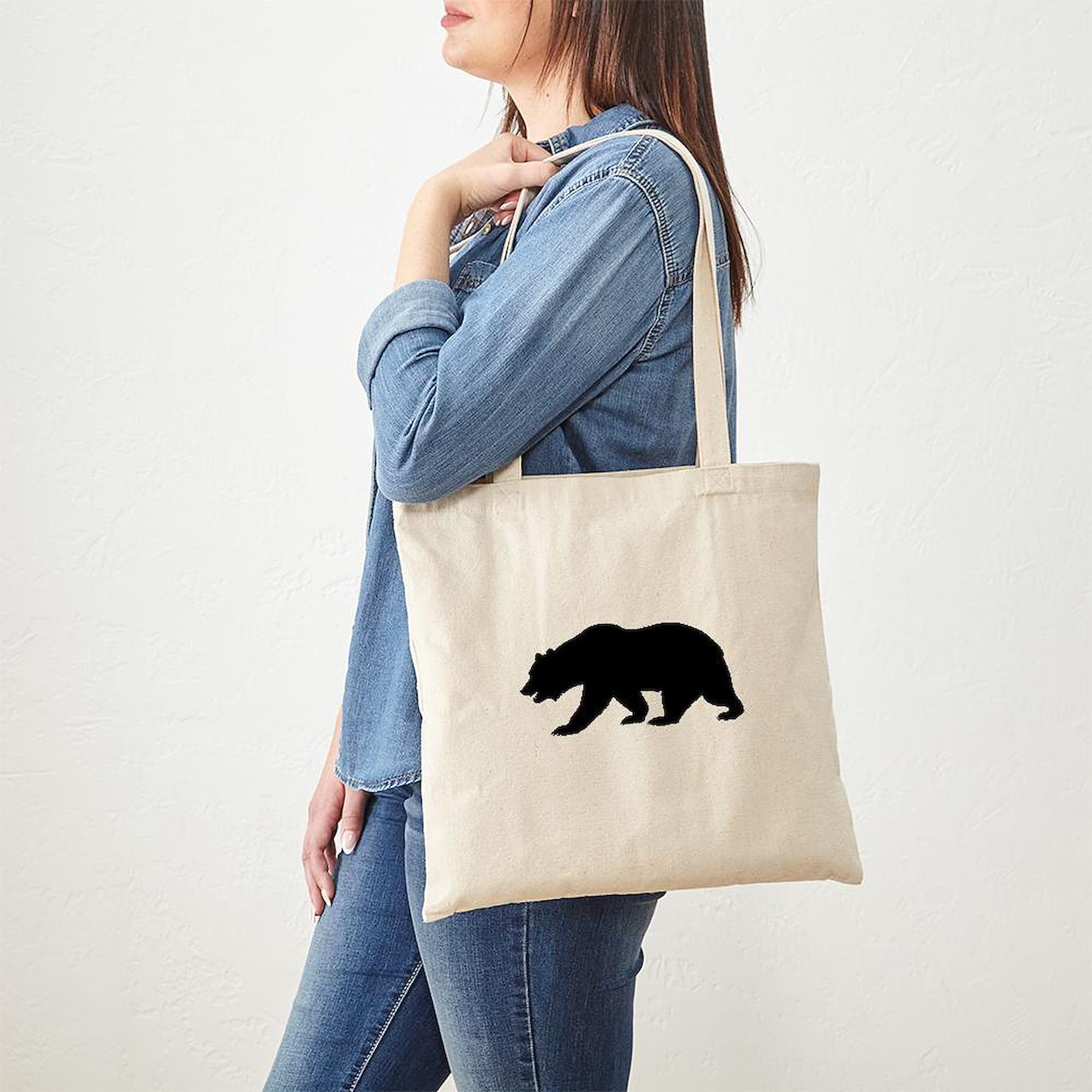 California Bear Tote Bag - Black Natural Canvas Reusable Shopping Bag for Groceries, Beach & Daily Use | Eco-Friendly Cotton Tote with Bear Print