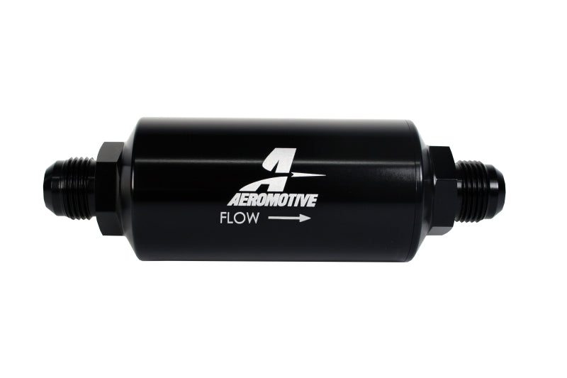 Aeromotive AN-10 Size Male Inline Fuel Filter with 10 Micron Microglass Element - Bright Dip Black Finish for High-Performance Fuel Systems & Racing Applications