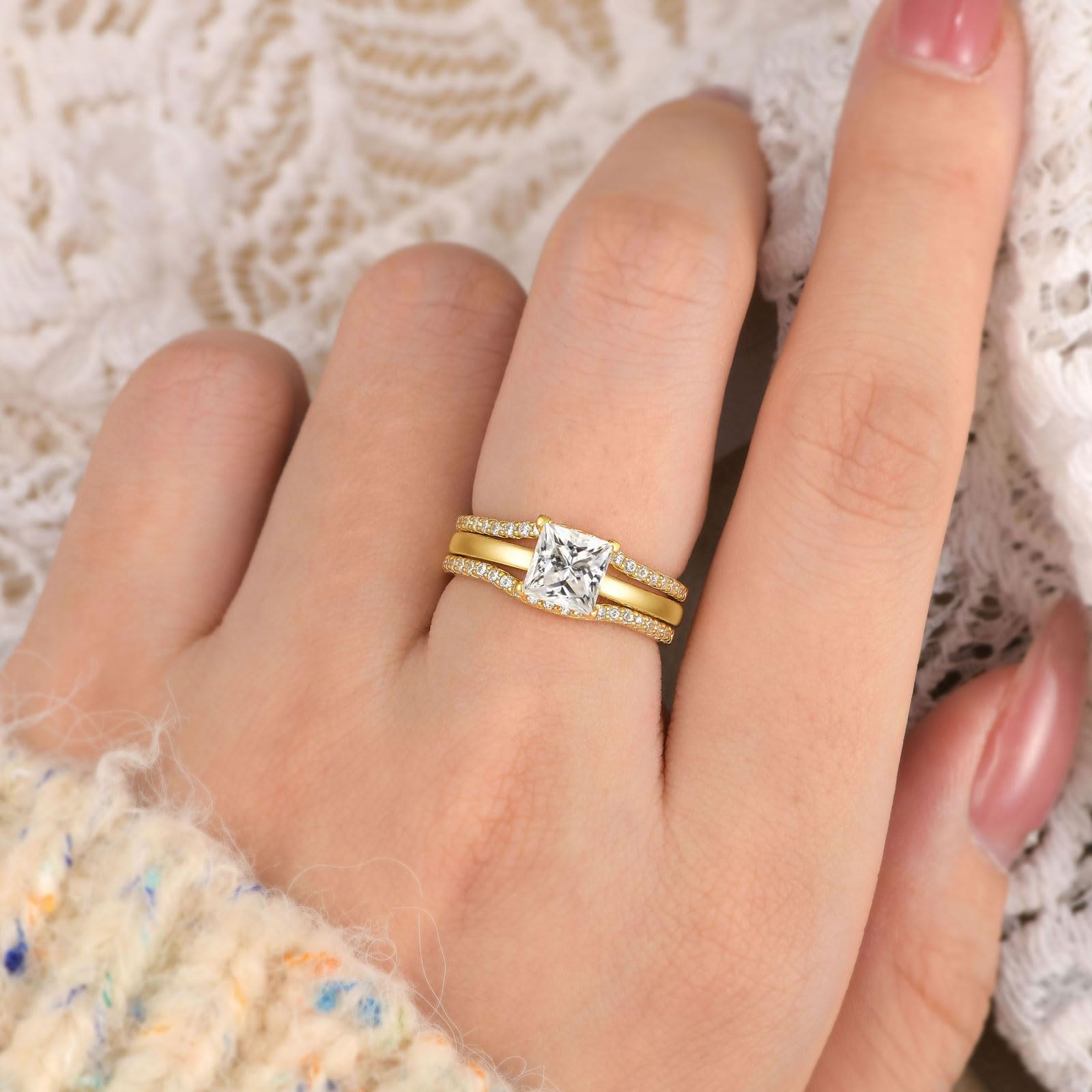 Princess Cut CZ Solitaire Engagement Ring Set with Wedding Band & Ring Enhancer - Sterling Silver Sizes 5-12 | Perfect for Proposals, Anniversaries & Bridal Jewelry