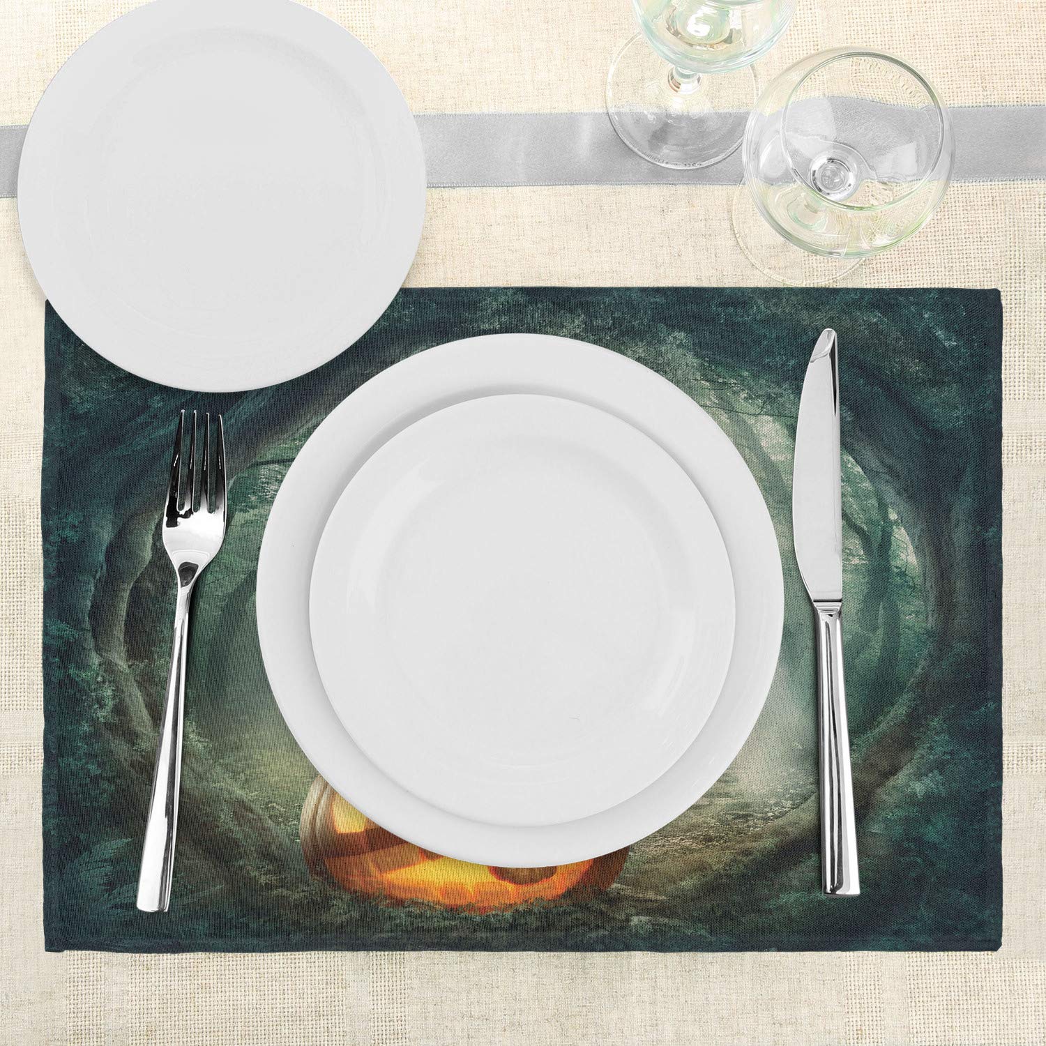 Ambesonne Halloween Place Mats Set of 4 - Scary Pumpkin Enchanted Forest Design, Washable Fabric Table Mats for Dining Room & Kitchen Decor in Orange & Teal - Perfect for Halloween Parties, Thanksgiving Dinner, and Fall Home Decor
