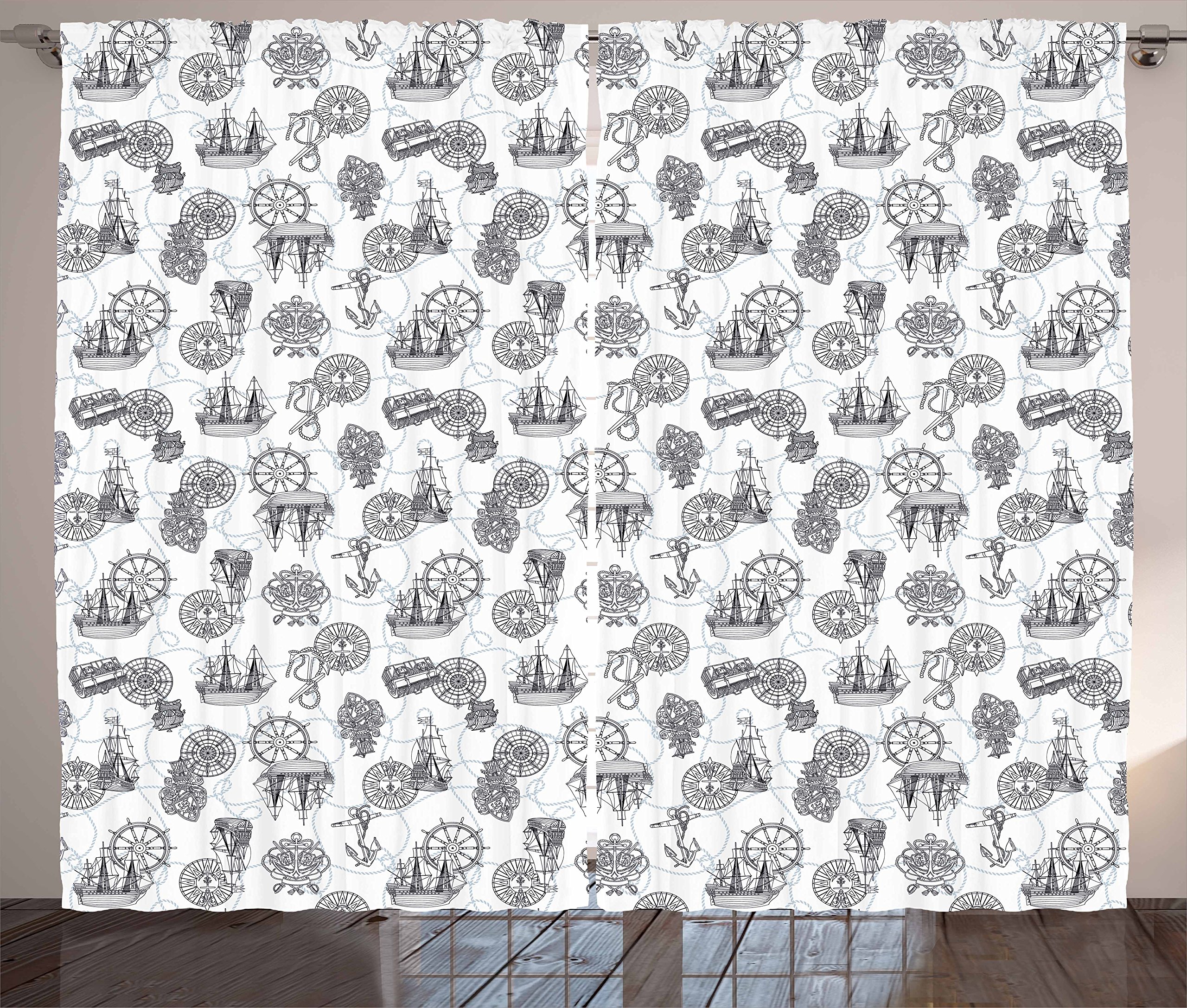 Ambesonne Nautical Compass Curtains - 2 Panel Set with Sailing Boat, Antique Ship Wheel & Anchor Design, 108