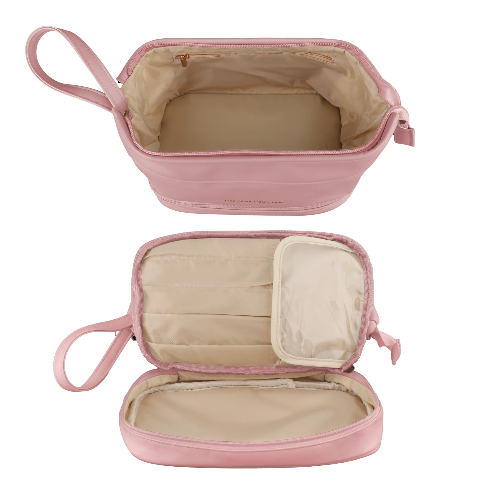 Women's Travel Cosmetic Bag - Double Layer Leather Makeup Organizer with Brush Compartments | Large Pink Toiletry Bag for Girls | Perfect for Air Travel, Vacation & Gym Essentials