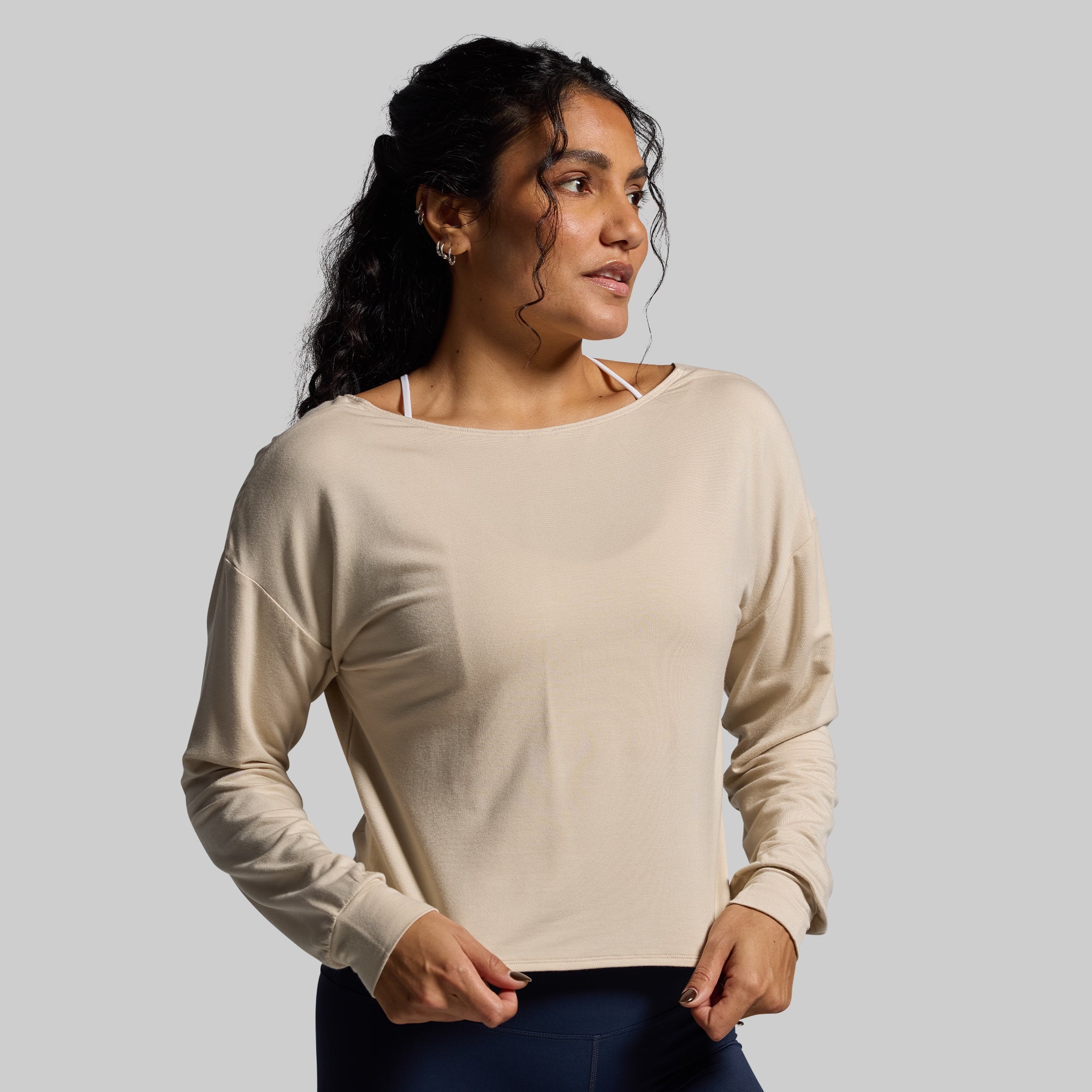 Two-Way Long Sleeve Shirt for Women - Soft Oatmeal Color - Versatile Front/Back Reversible Design - Perfect for Layering or Standalone Wear - Office, Casual & Travel Outfits
