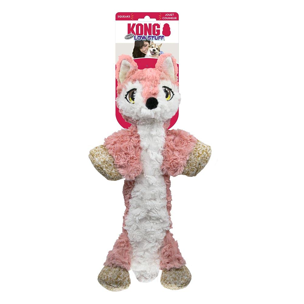 KONG Low Stuff Flopzie Fox Dog Toy - Medium Chew Toy for Small & Medium Dogs - Interactive Plush Squeaky Toy for Playtime & Training - Perfect for Indoor & Outdoor Fun