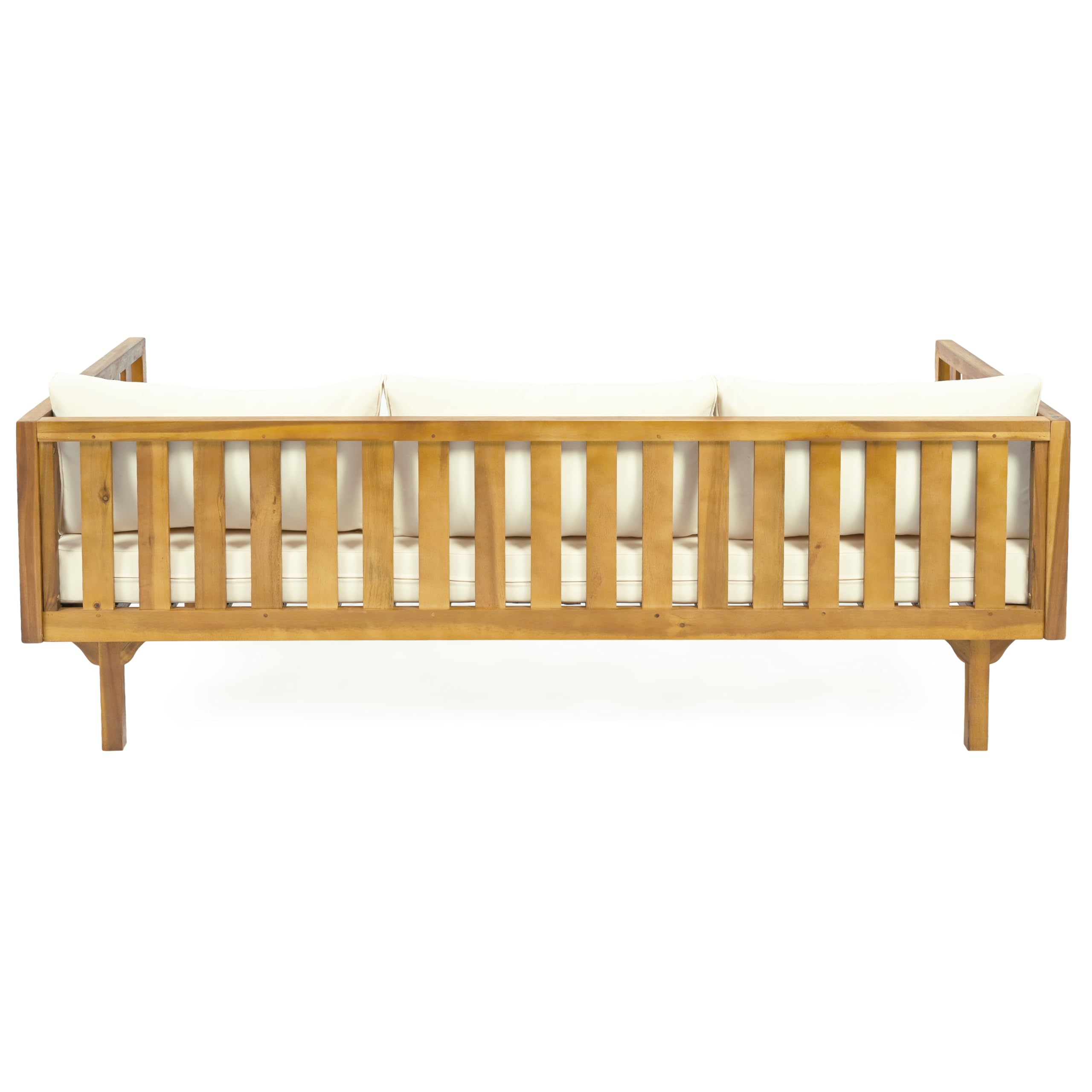 Modern 3-Seater Wooden Sofa Bed with Armrests - Waterproof Fabric Upholstery & Removable Cushions - Teak-Beige Outdoor Daybed for Garden, Patio, Balcony, or Indoor Living Room - Durable Teak Wood Frame for Relaxation and Entertaining