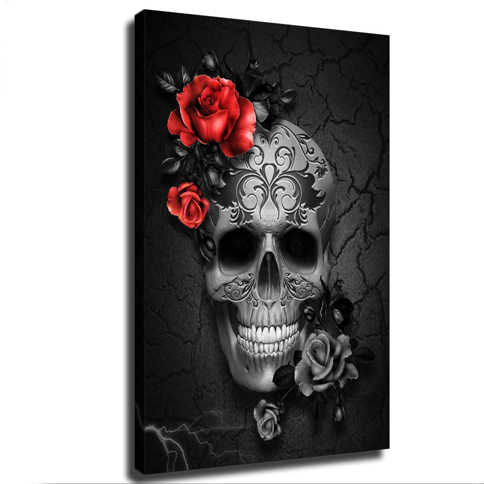 Skull and Flowers Wall Art - HD Canvas Painting for Home Decor, Frameless or Framed Options (16x24 inches) - Perfect for Bedroom, Living Room, Office & Man Cave Decor