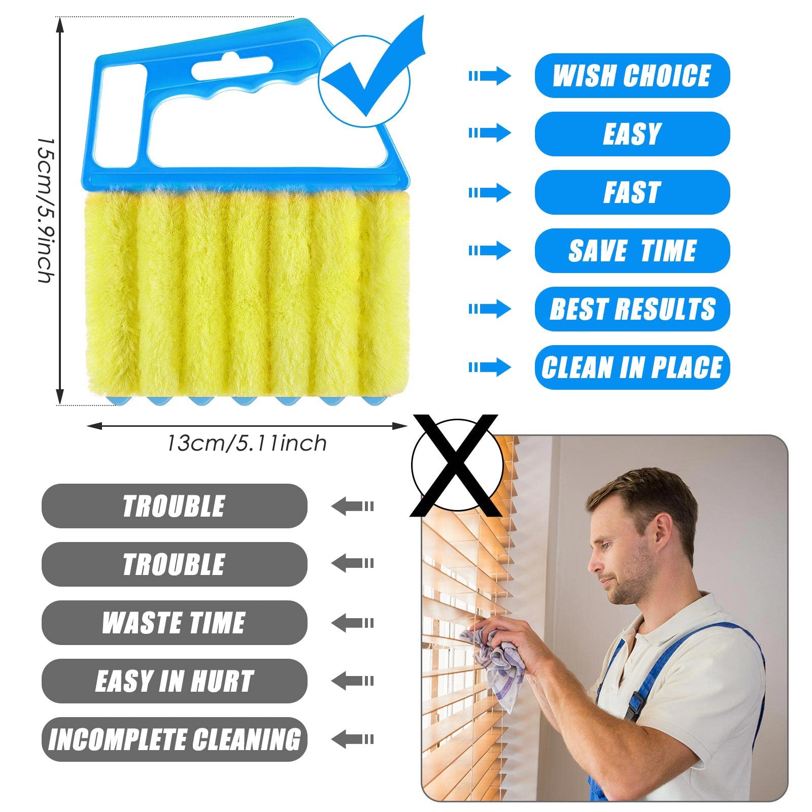 Geiserailie 2 Pack Washable Microfiber Blind Cleaner Duster - 7 Finger Dusting Tool for Window Blinds, Venetian Shades, Air Conditioner Vents & Wood Slats - Reusable Handheld Brush for Dust & Dirt Removal (Blue & Green) - Perfect for Home, Office & Car Cleaning