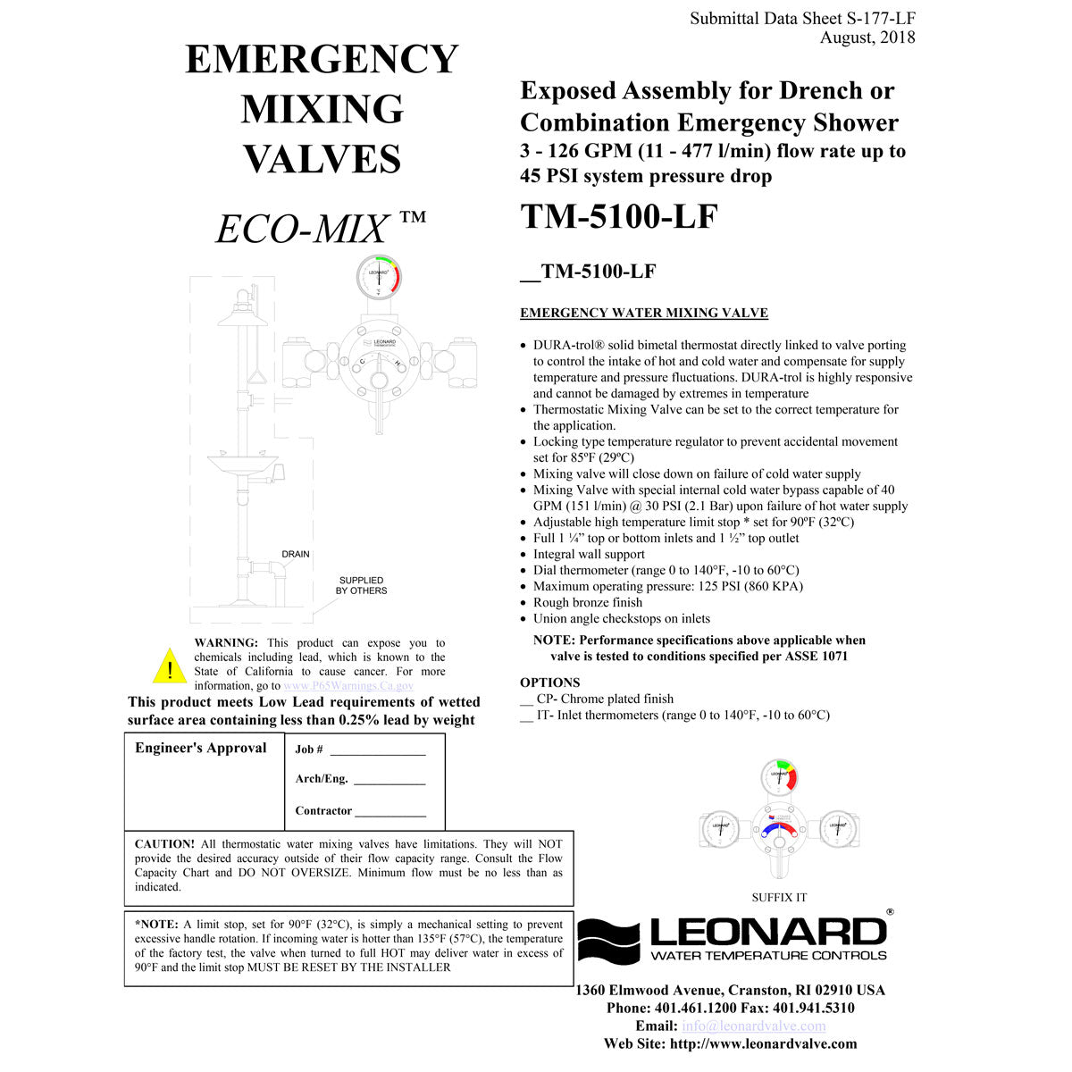 Leonard LF Thermostatic Mixing Valve for Emergency Showers - 40 GPM Flow Rate, TM 5100 LF Model - Ideal for Industrial Safety & Laboratory Use