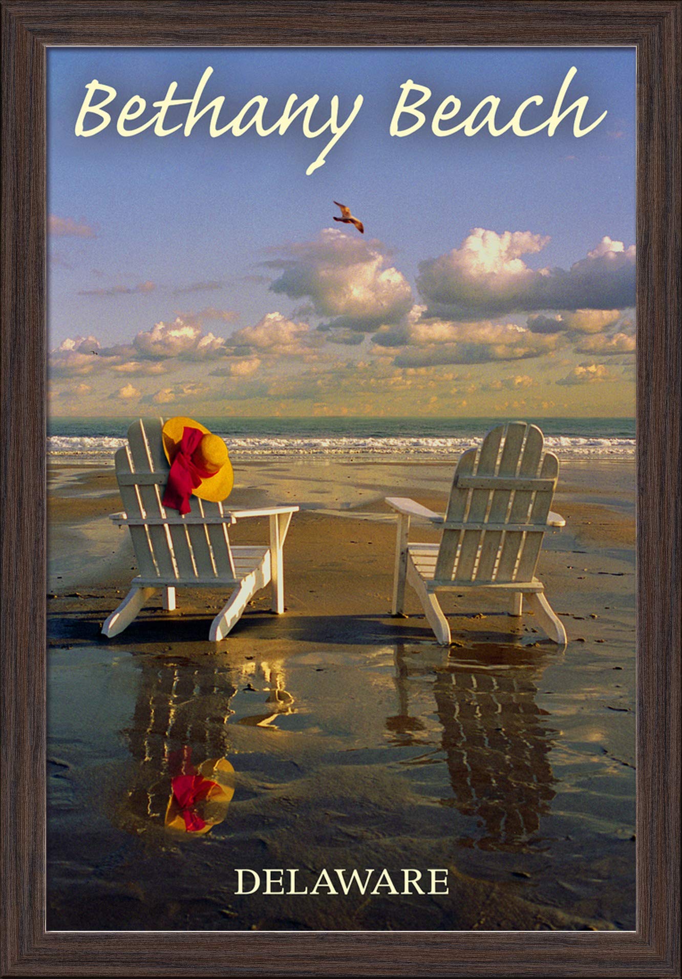 Bethany Beach Delaware Adirondack Chairs - 16x24 Giclee Fine Art Print with Recycled Wood Frame in Espresso Brown - Coastal Wall Decor for Living Room, Bedroom or Beach House