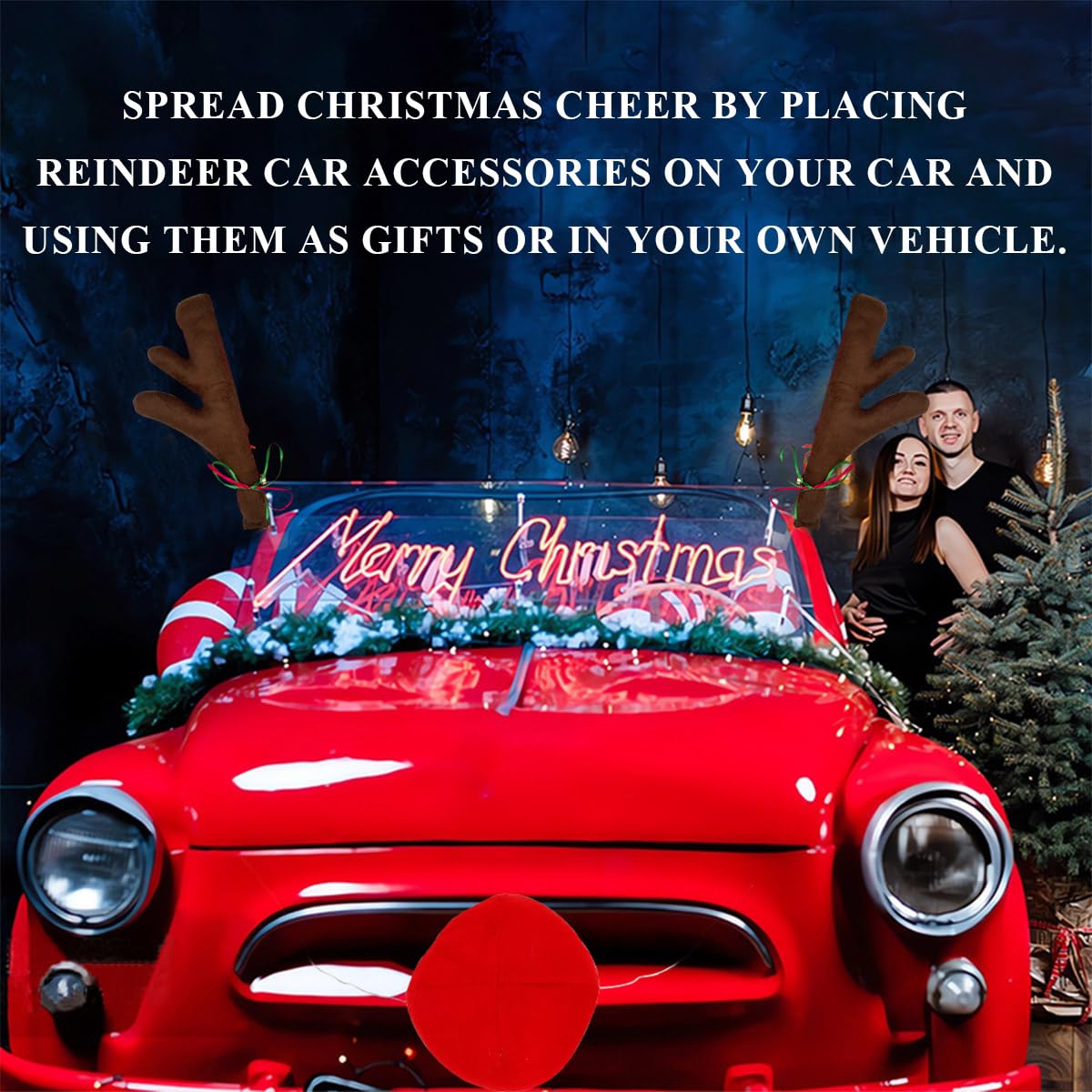 Premium Reindeer Car Kit - Antlers & Nose Auto Christmas Decorations for Cars, SUVs, Vans, Trucks | Universal Window & Grille Decor Accessories (Coffee Brown) | Perfect for Holiday Parades, Christmas Light Tours & Festive Family Road Trips