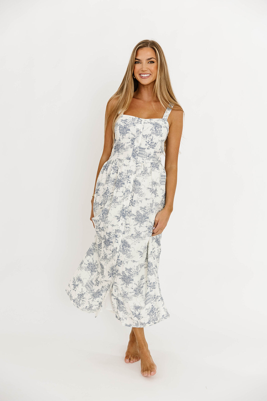 Denny Midi Dress for Women - Floral Print White & Blue Summer Dress | Perfect for Beach Vacation, Date Night & Office Wear