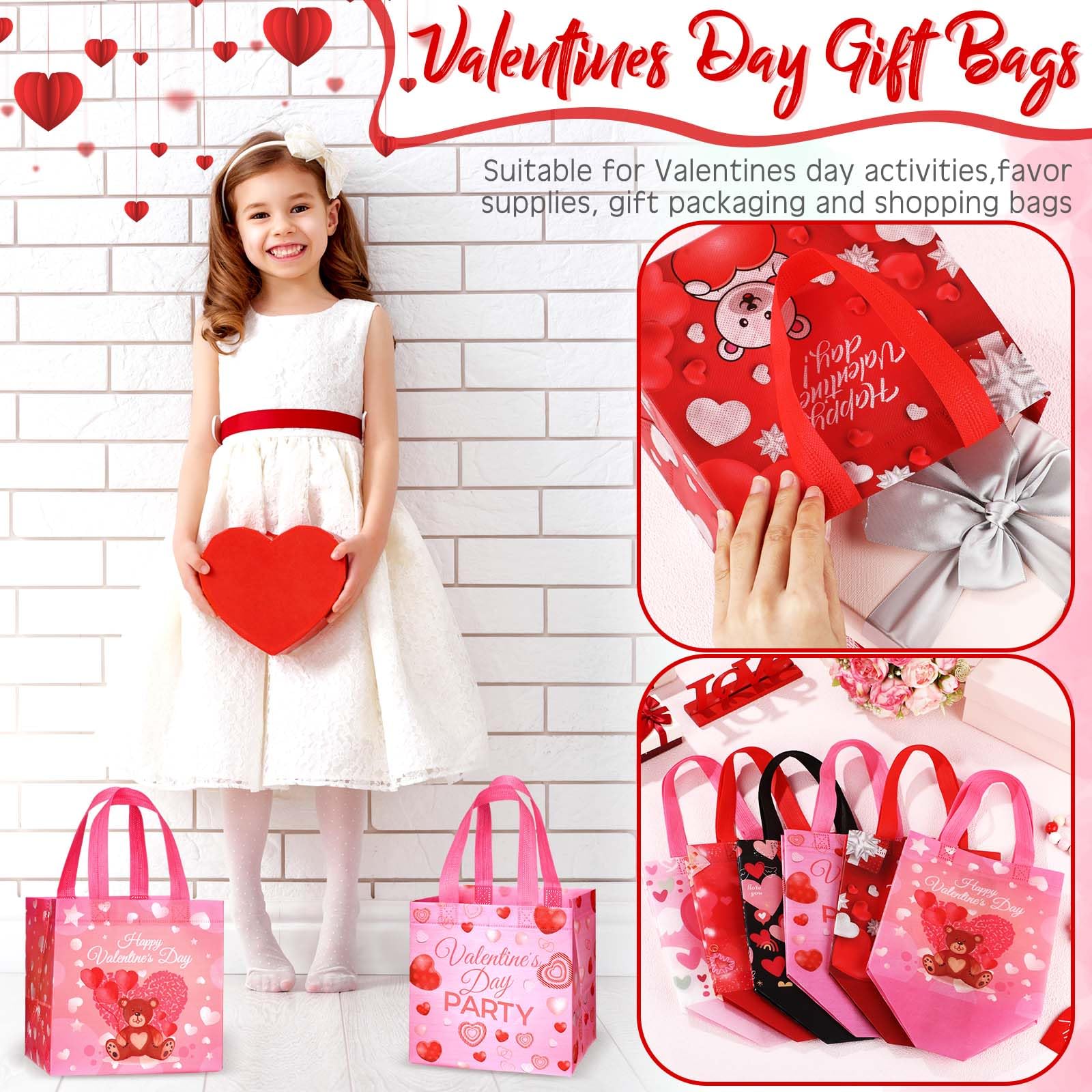 Valentine's Day Gift Bags with Handles - Eco-Friendly Reusable Non-Woven Tote Bags for Kids, Waterproof Treat Bags for Gift Wrapping - Perfect for Classroom Parties, Birthday Favors & Holiday Presents