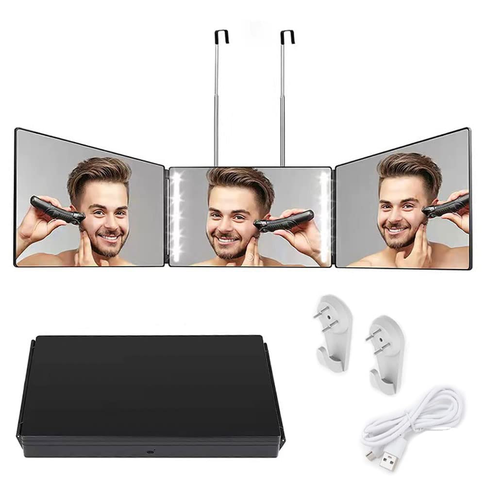 360° Tri-Fold LED Makeup Mirror with Dimmable Lights - Adjustable Height Portable Travel Mirror for Hair Cutting & Styling - Wall Mount or Hanging with Retractable Hook (Illuminated Style) - Perfect for Home Vanity, Salon, Hotel & Travel Makeup Kit