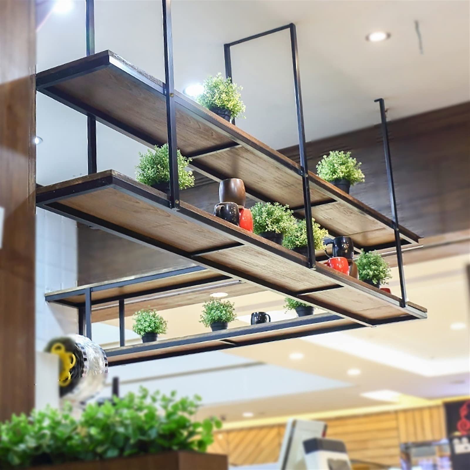 JHJIUJ Ceiling Wine Rack & Hanging Glass Holder - Floating Bookshelf & Loft Retro Shelf for Wine Storage, Indoor Plants & Book Display - Perfect for Kitchen, Bar, Living Room & Home Decor