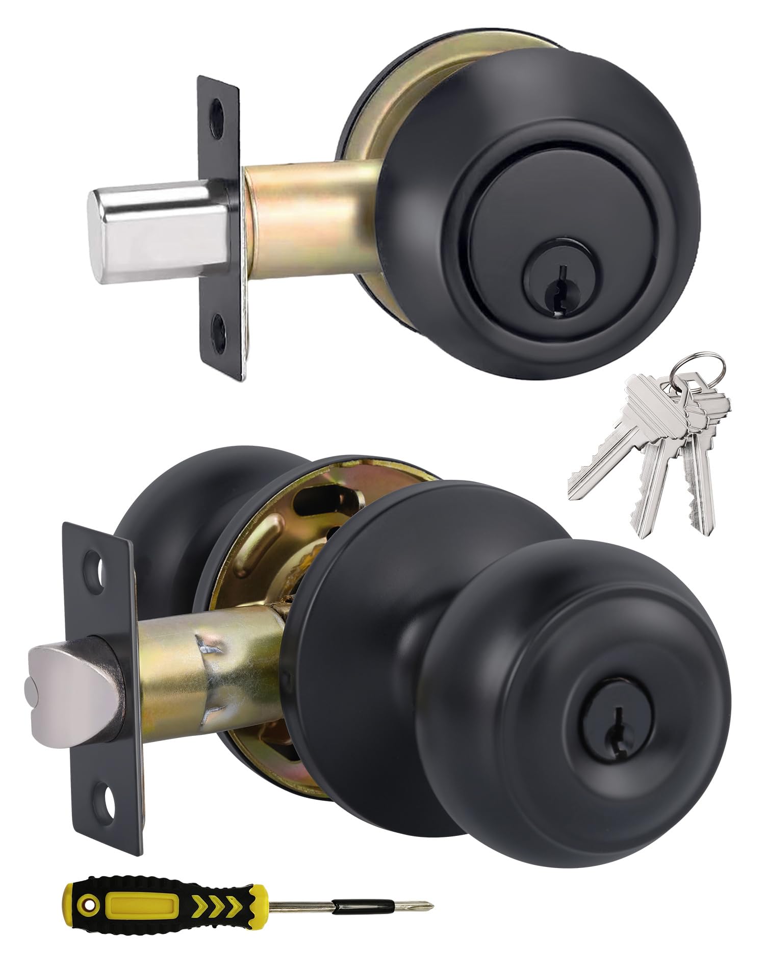 Lanwandeng Matte Black Entry Door Knob and Deadbolt Lock Set - All Keyed Alike for Front Door Security | Classic Flat Ball Design for Home, Office & Apartment Use