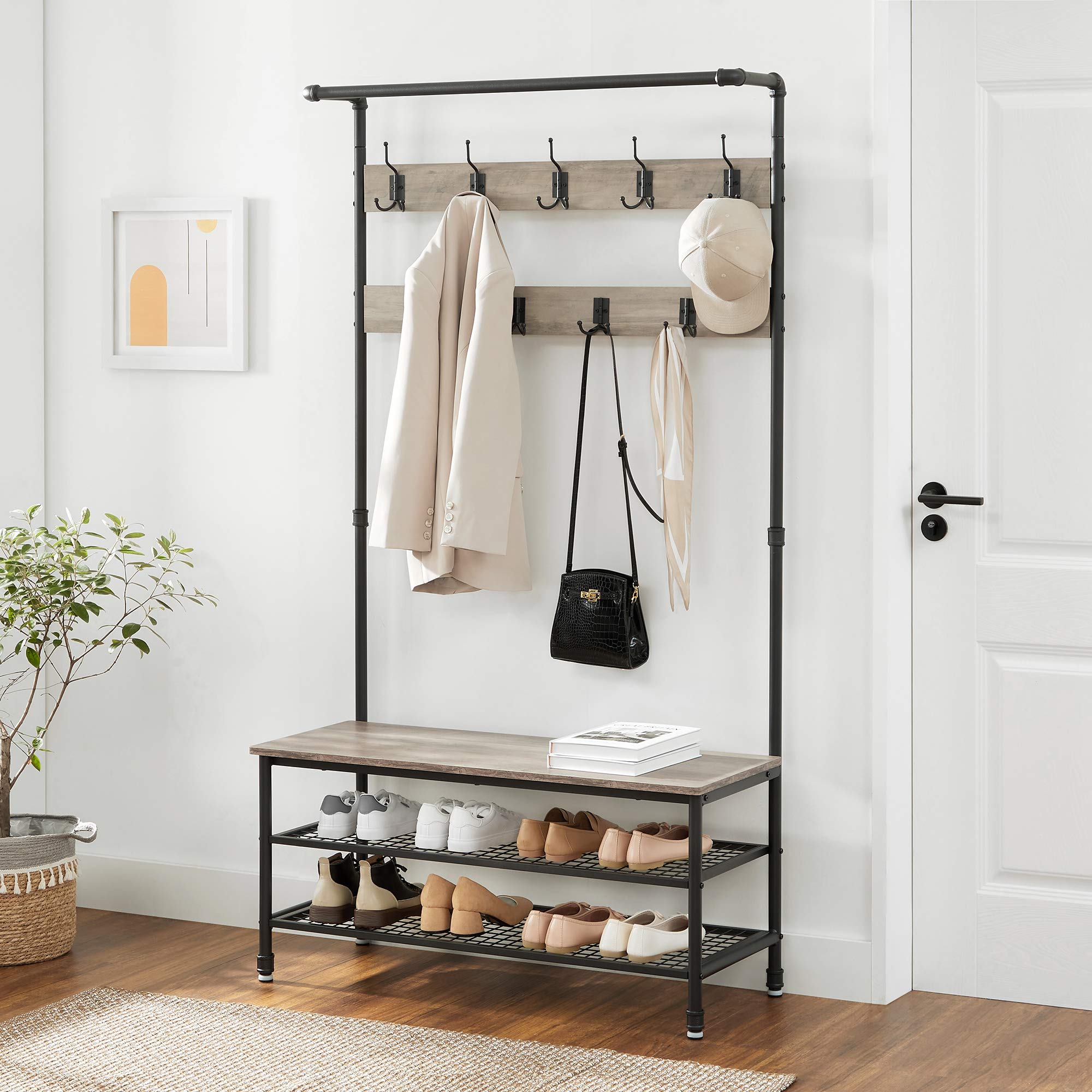 VASAGLE Industrial Coat Rack with Shoe Storage, 9 Hooks & Steel Pipe Frame - 39.4
