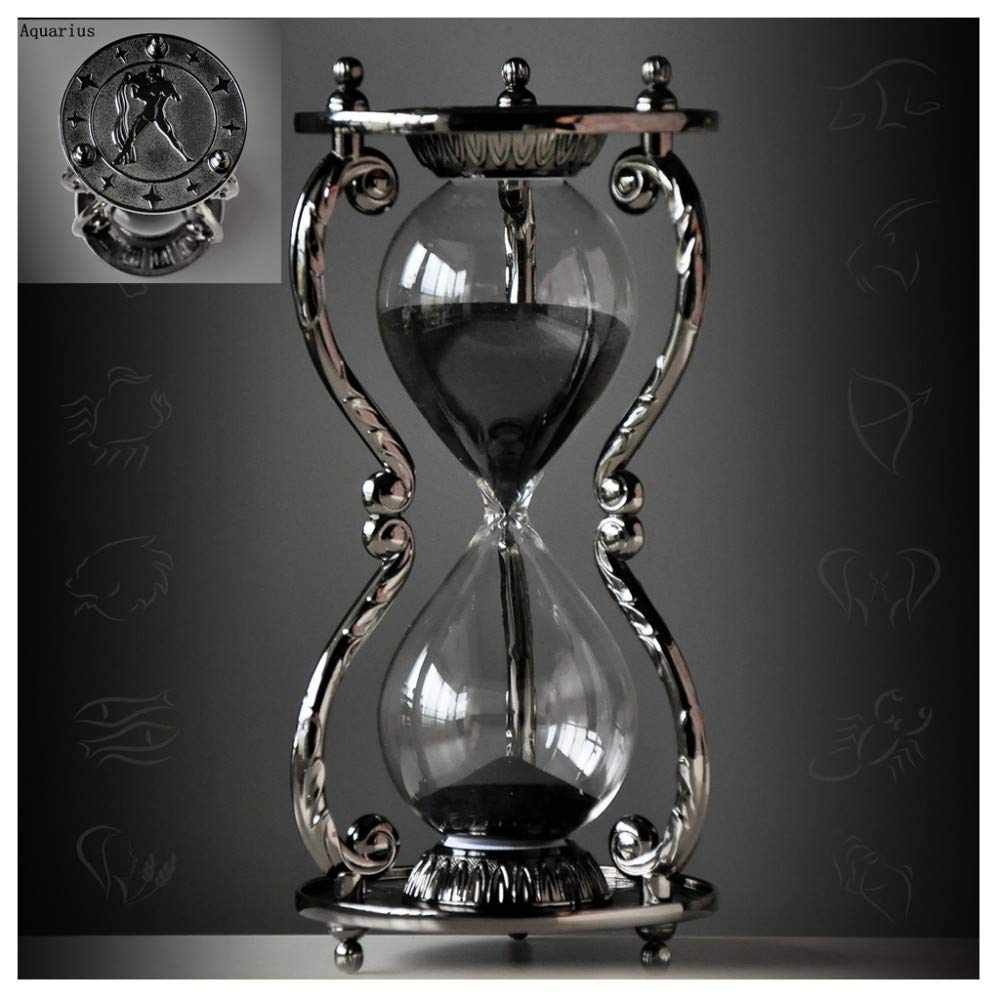 Black Antique Decorative Hourglass Sand Timer - 30 Minute Vintage Metal Art Hourglass with 12 Zodiac Constellations Design for Office Desk & Home Decor - Perfect Birthday Gift for Aquarius | Meditation Timer, Study Focus Tool & Unique Home Decoration