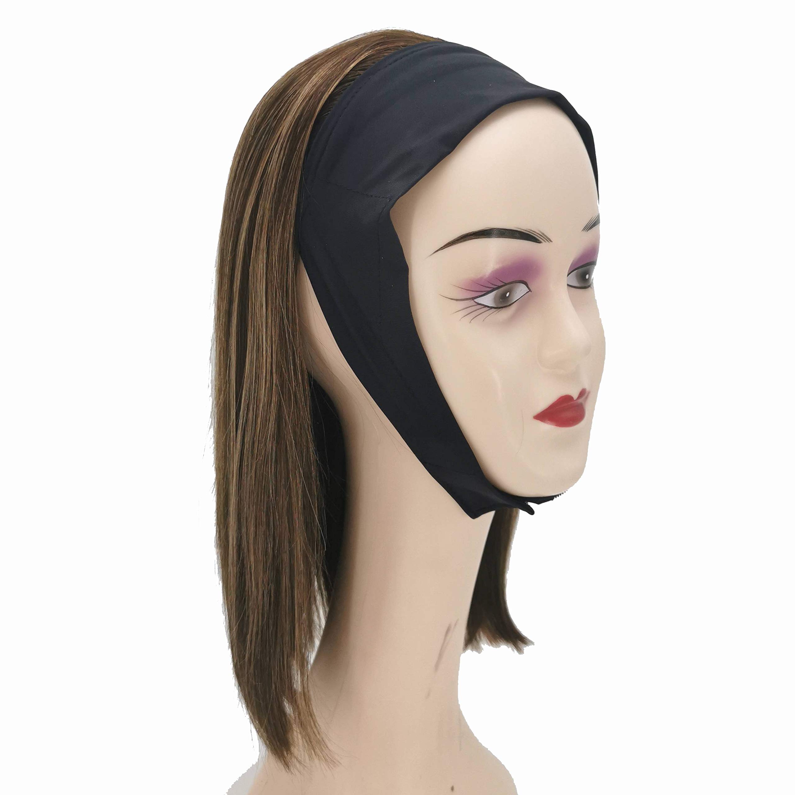 XMH 14 Inch Human Hair Headband Wig - Straight Glueless Head Scarf Wig in #4/27 Brown with Honey Blonde Streaks | No Lace Front | Perfect for Daily Wear, Cosplay & Protective Hairstyles