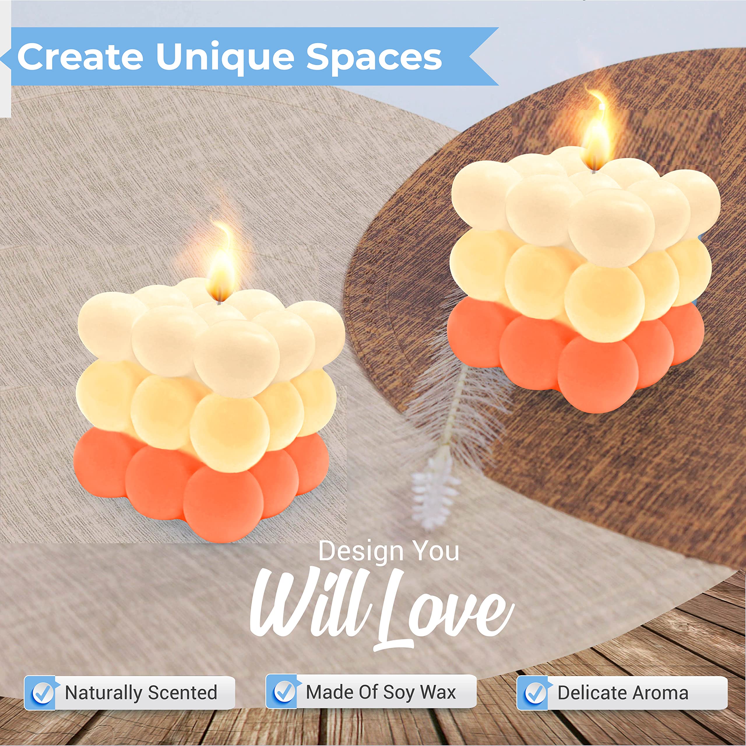 2 Pack Handmade Gradient Light Orange Bubble Soy Candles - Aesthetic Cube Candles for Home Decor, Bedroom, Bathroom & Relaxation | Perfect for Romantic Dinners, Spa Nights & Cozy Ambiance