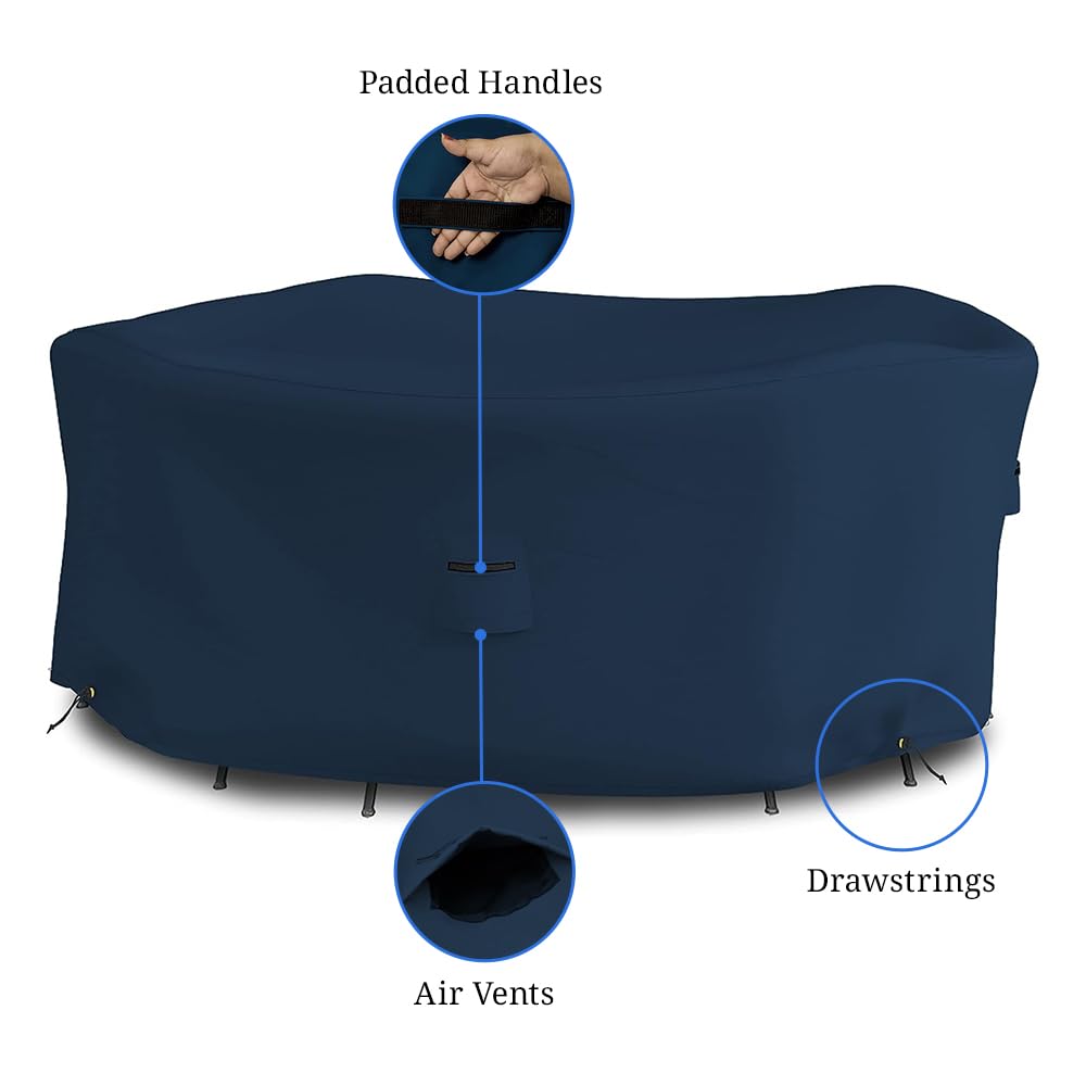 Waterproof UV & Weather Resistant Round Dining Table Cover - 12 Oz Heavy Duty Indoor Outdoor Patio Furniture Protector with Air Vents & Drawstrings (109