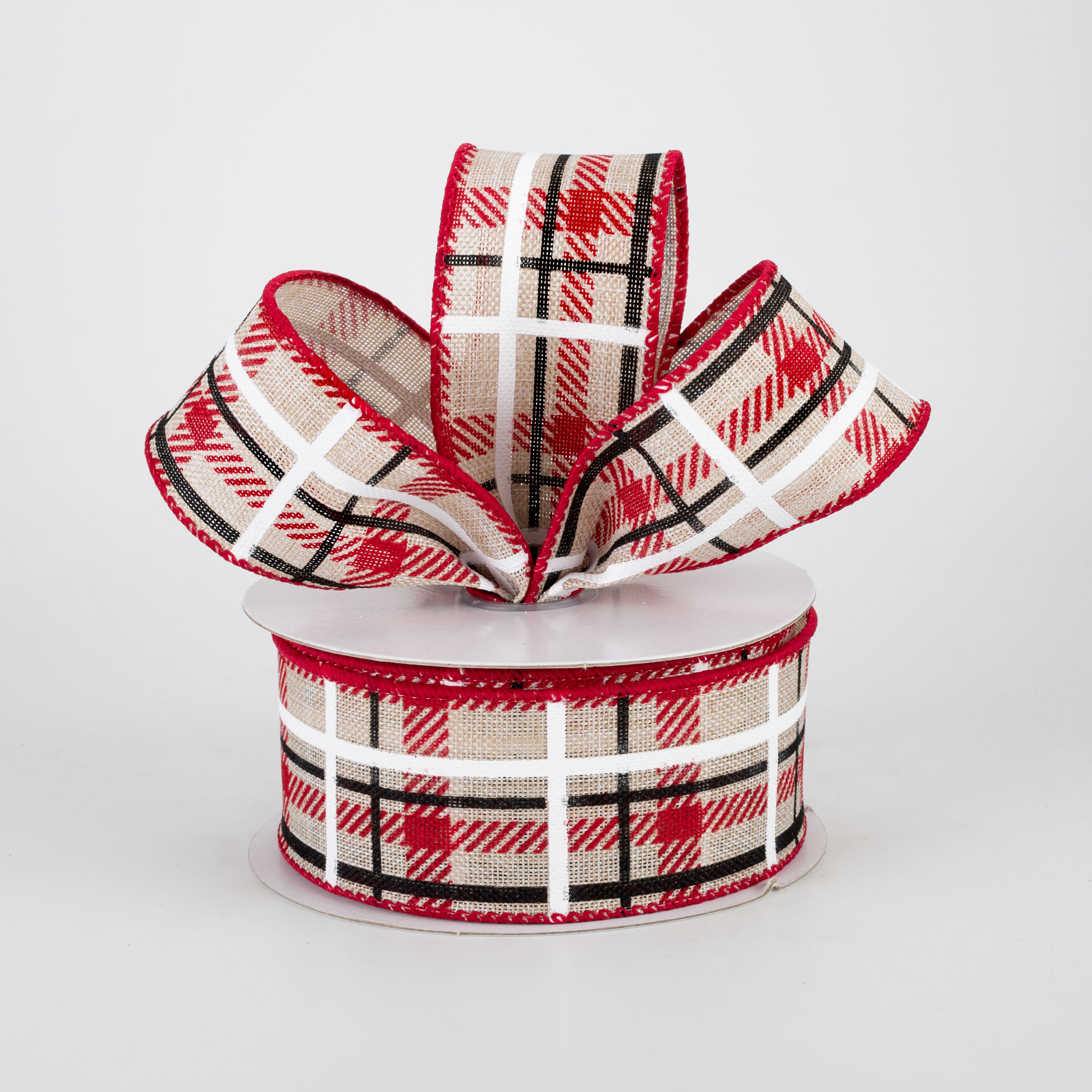 1.5 Inch Holiday Plaid Ribbon - Ivory, Red & Black Christmas Ribbon for Gift Wrapping, Tree Decorations & DIY Crafts (10 Yards)